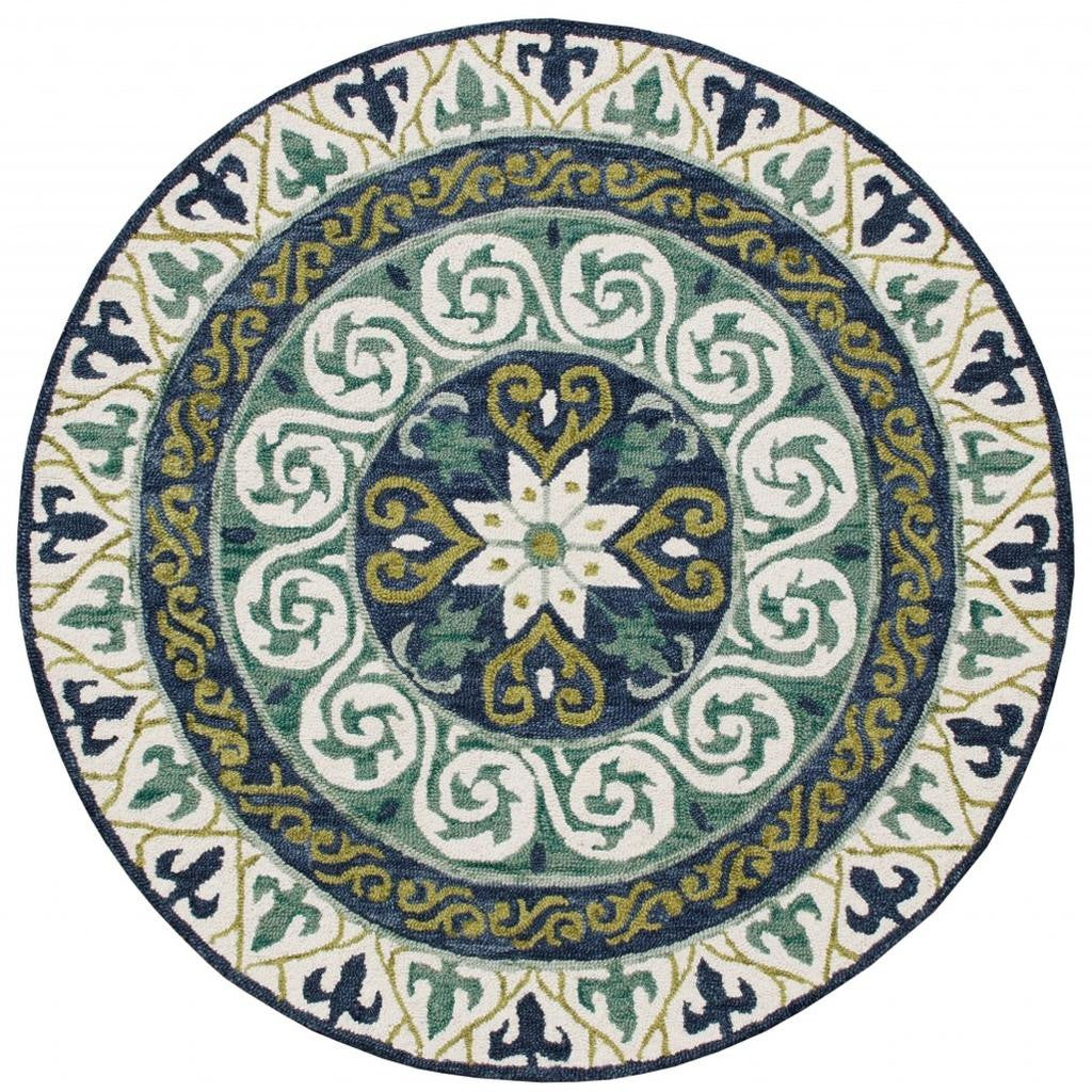 7' Round Blue and Green Ornate Medallion Area Rug-Area Rugs-DECOROLALA