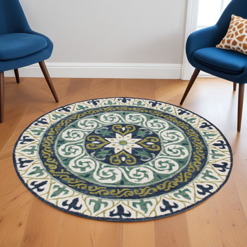 7' Round Blue and Green Ornate Medallion Area Rug-Area Rugs-DECOROLALA