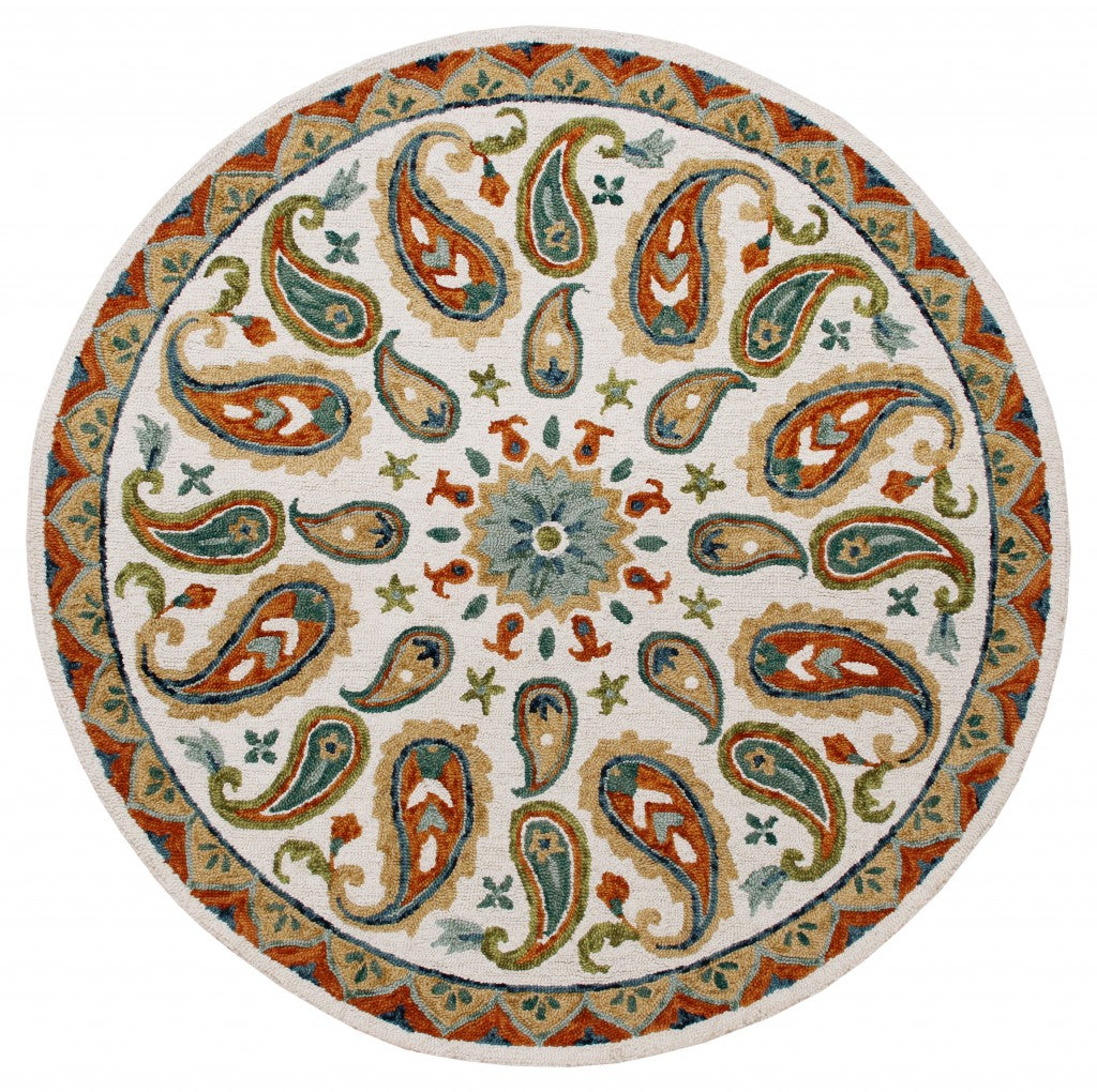 7' Round Orange and White Paisley Area Rug-Area Rugs-DECOROLALA