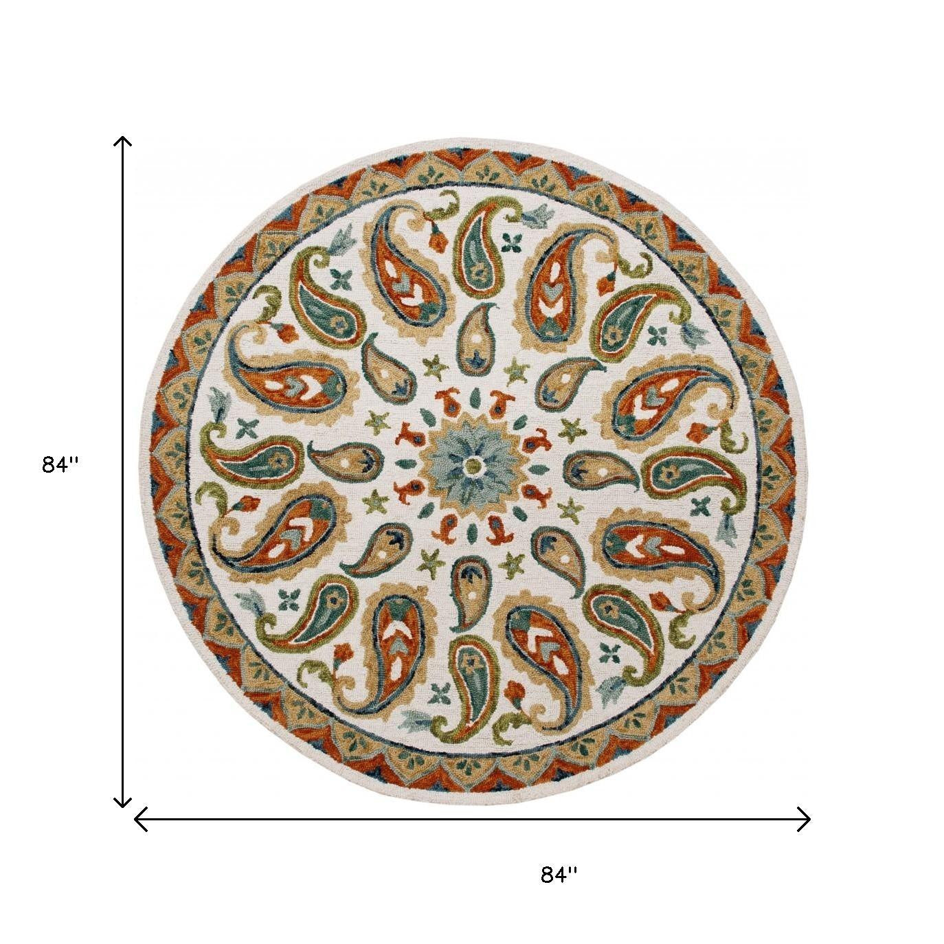 7' Round Orange and White Paisley Area Rug-Area Rugs-DECOROLALA
