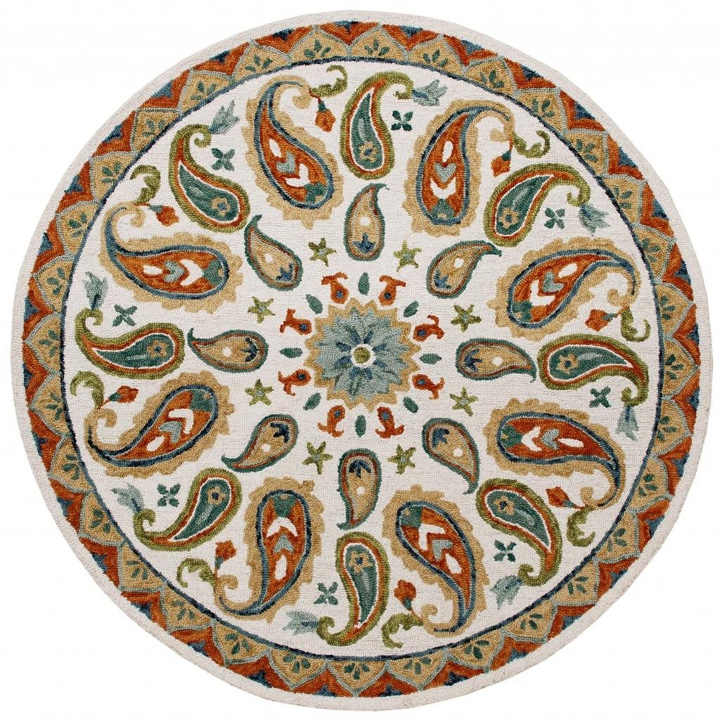 7' Round Orange and White Paisley Area Rug-Area Rugs-DECOROLALA