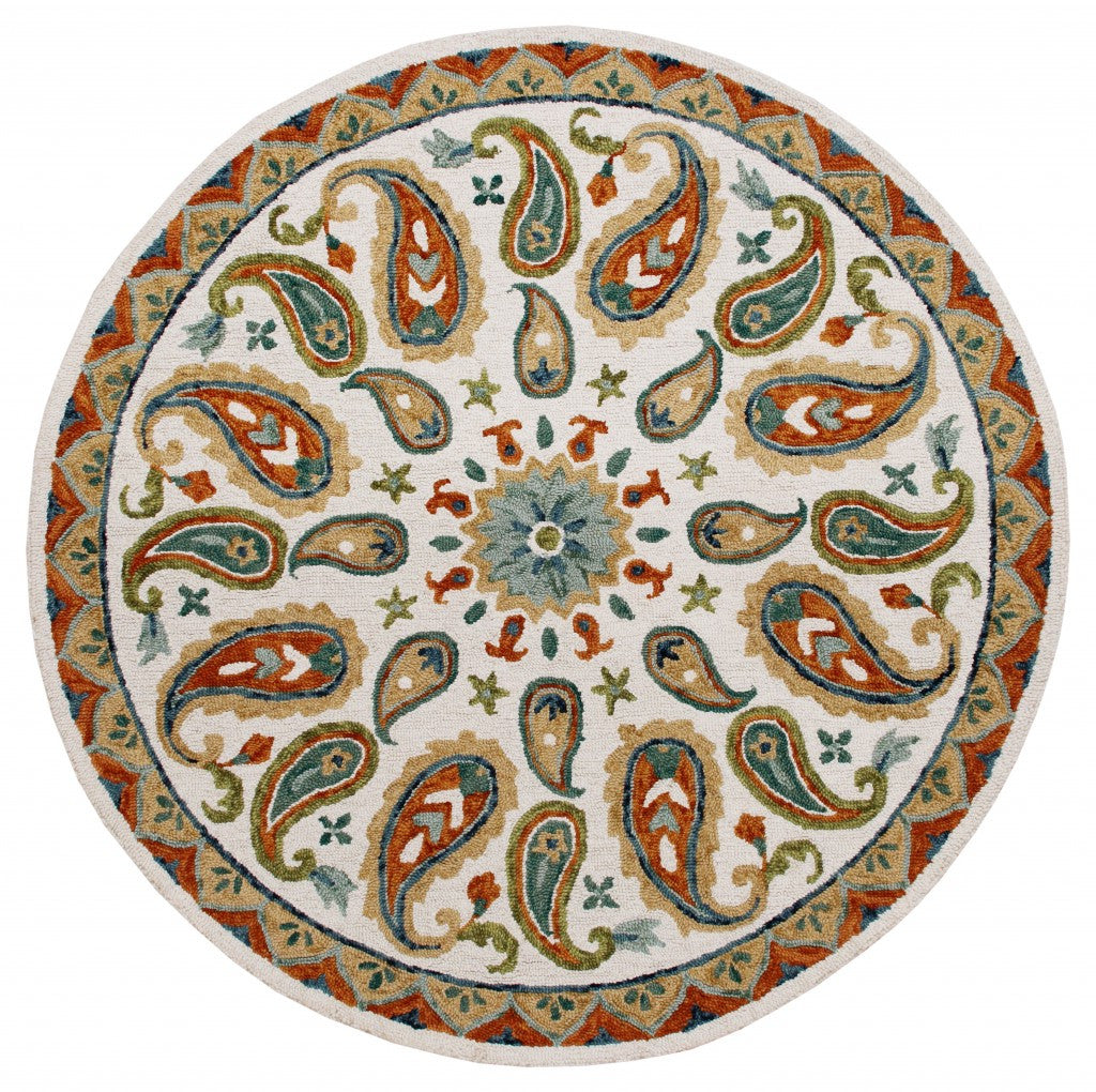 7' Round Orange and White Paisley Area Rug-Area Rugs-DECOROLALA