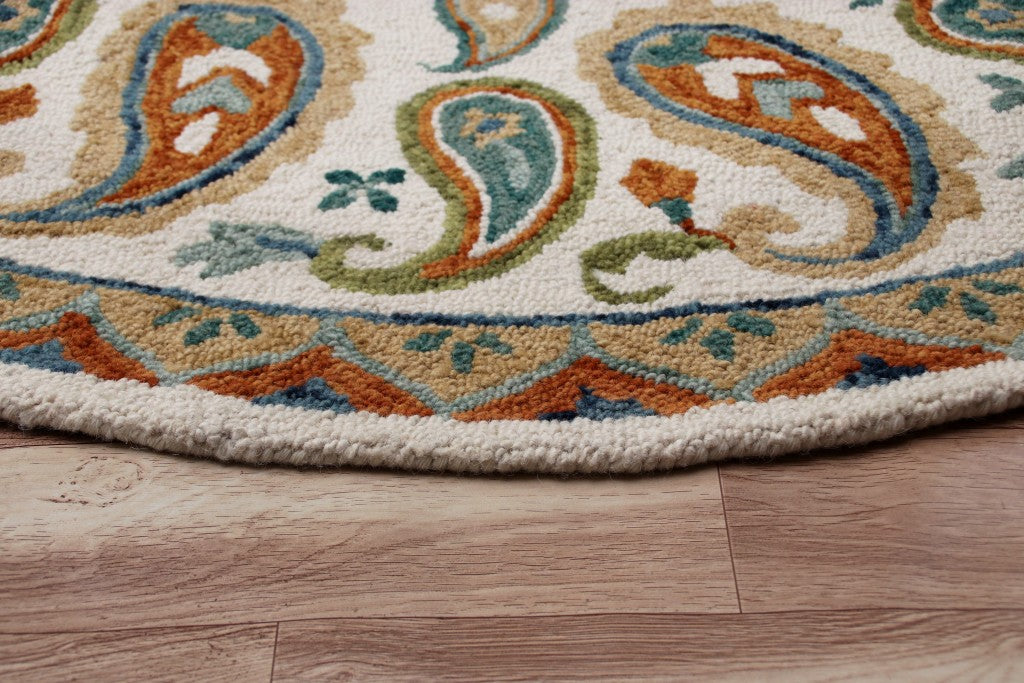 7' Round Orange and White Paisley Area Rug-Area Rugs-DECOROLALA