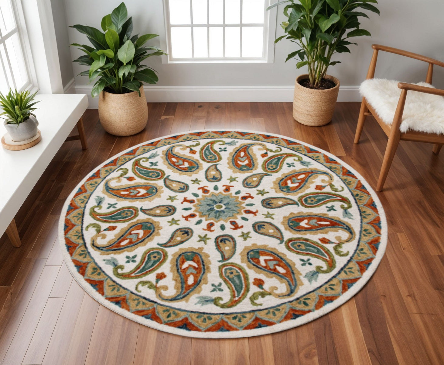 7' Round Orange and White Paisley Area Rug-Area Rugs-DECOROLALA