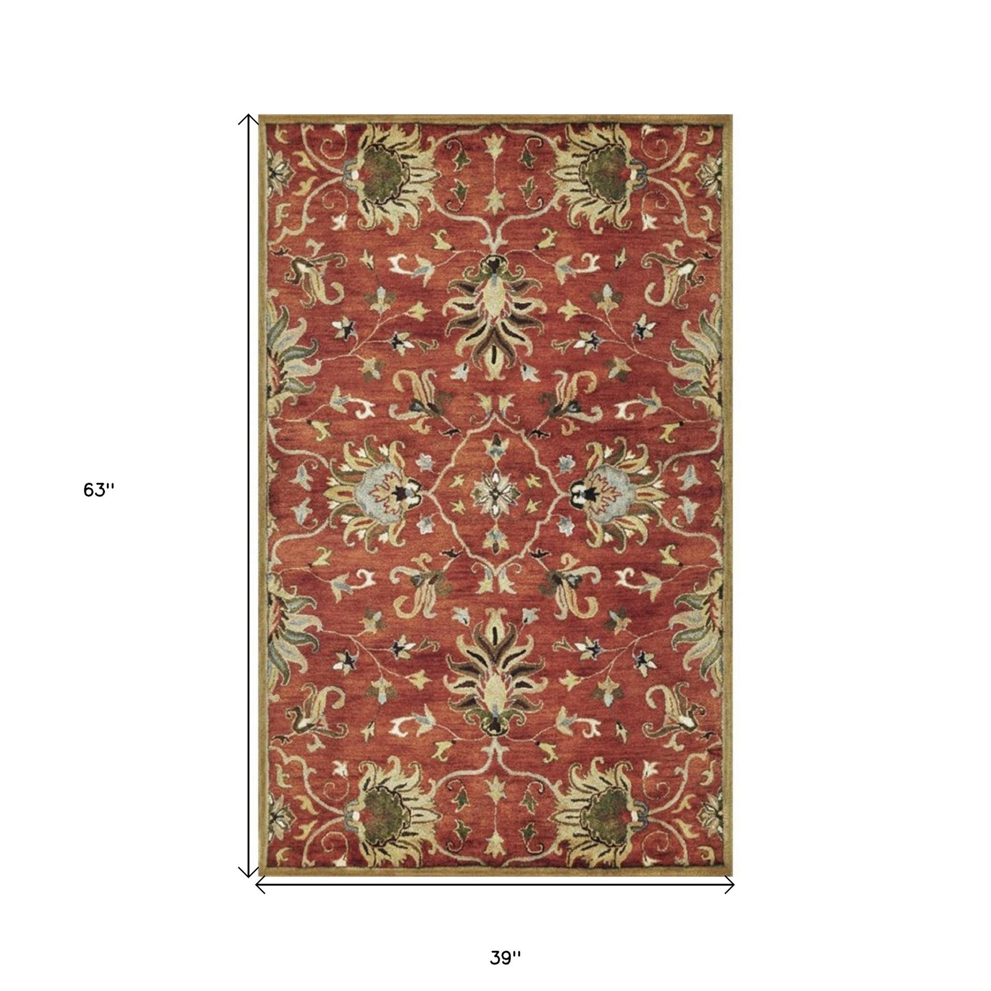 7' Rust Beige And Gray Wool Floral Medallion Hand Tufted Runner Rug-Area Rugs-DECOROLALA