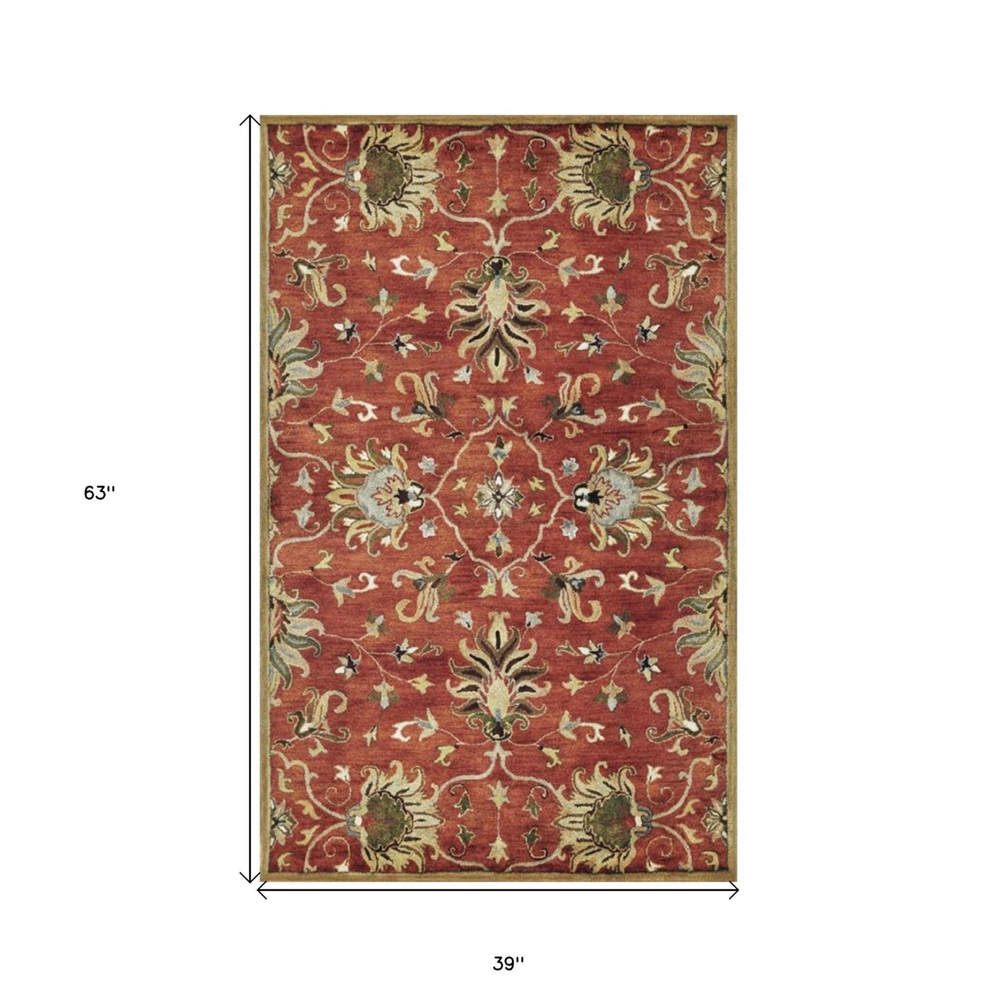 7' Rust Beige And Gray Wool Floral Medallion Hand Tufted Runner Rug-Area Rugs-DECOROLALA