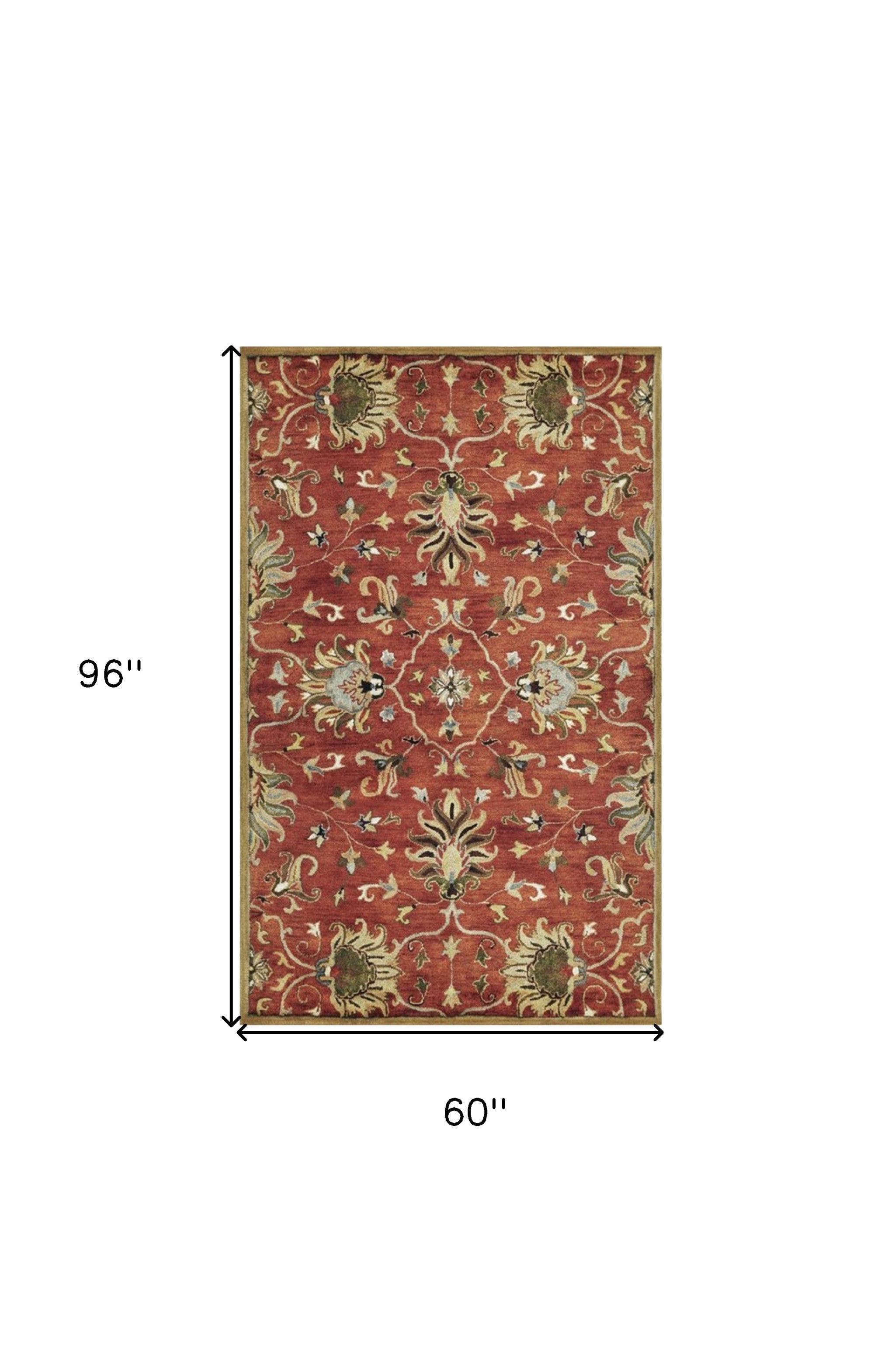 7' Rust Beige And Gray Wool Floral Medallion Hand Tufted Runner Rug-Area Rugs-DECOROLALA