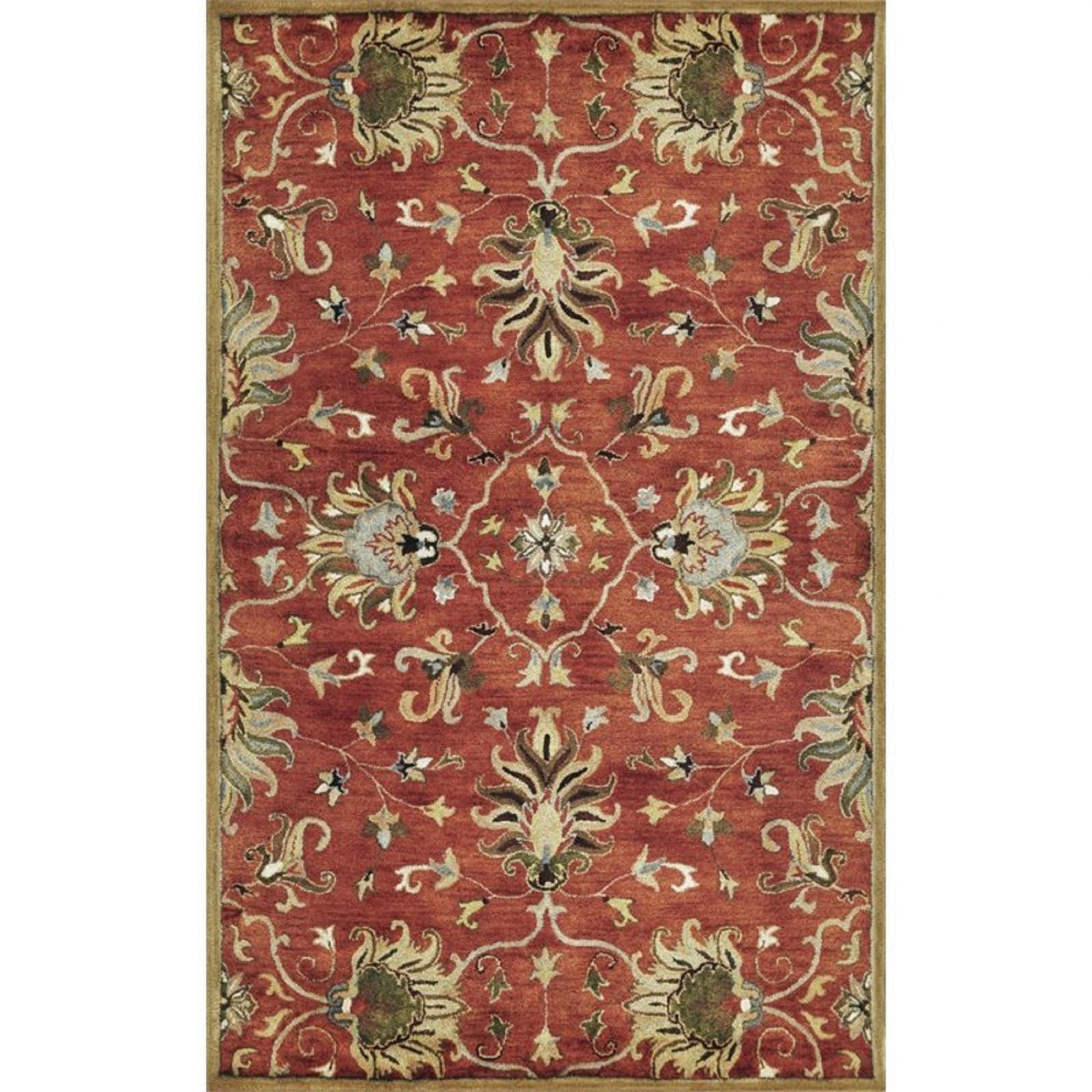 7' Rust Beige And Gray Wool Floral Medallion Hand Tufted Runner Rug-Area Rugs-DECOROLALA