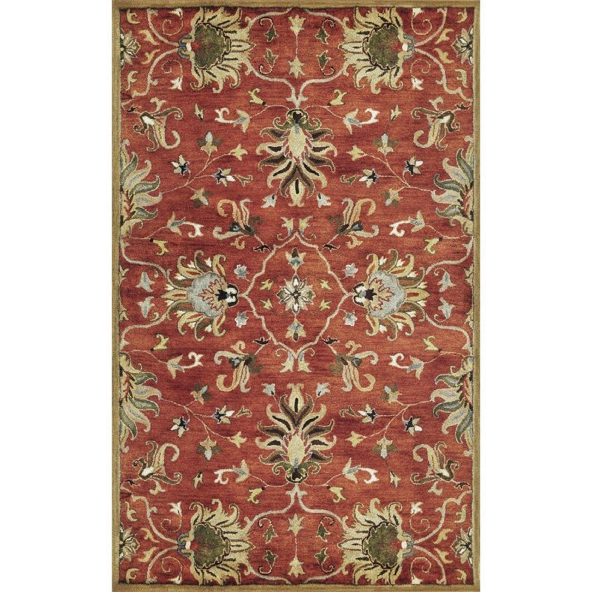 7' Rust Beige And Gray Wool Floral Medallion Hand Tufted Runner Rug-Area Rugs-DECOROLALA