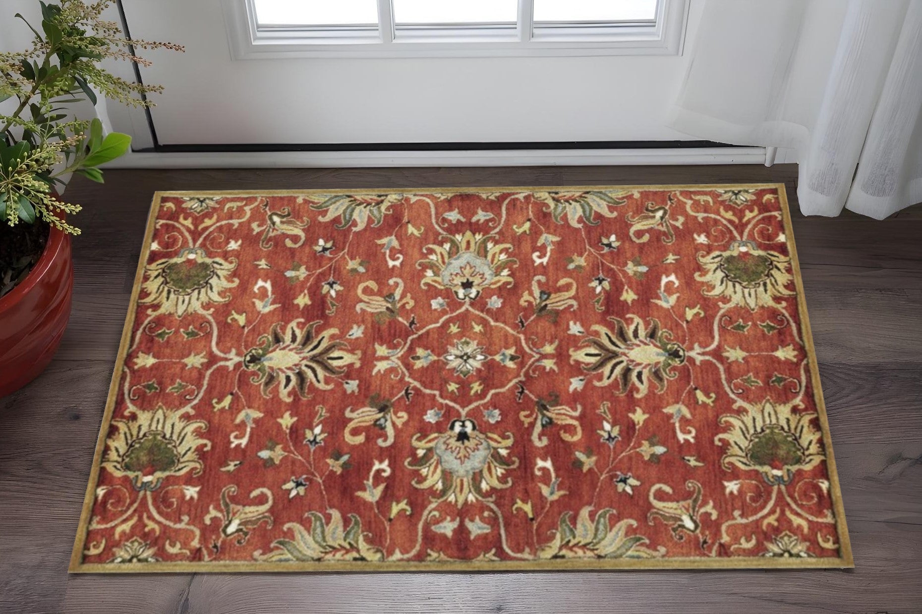 7' Rust Beige And Gray Wool Floral Medallion Hand Tufted Runner Rug-Area Rugs-DECOROLALA