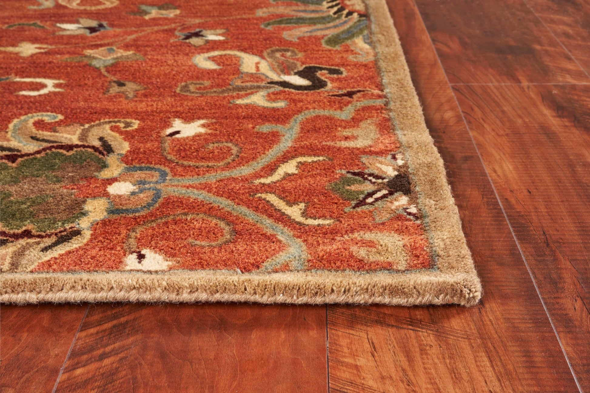 7' Rust Beige And Gray Wool Floral Medallion Hand Tufted Runner Rug-Area Rugs-DECOROLALA