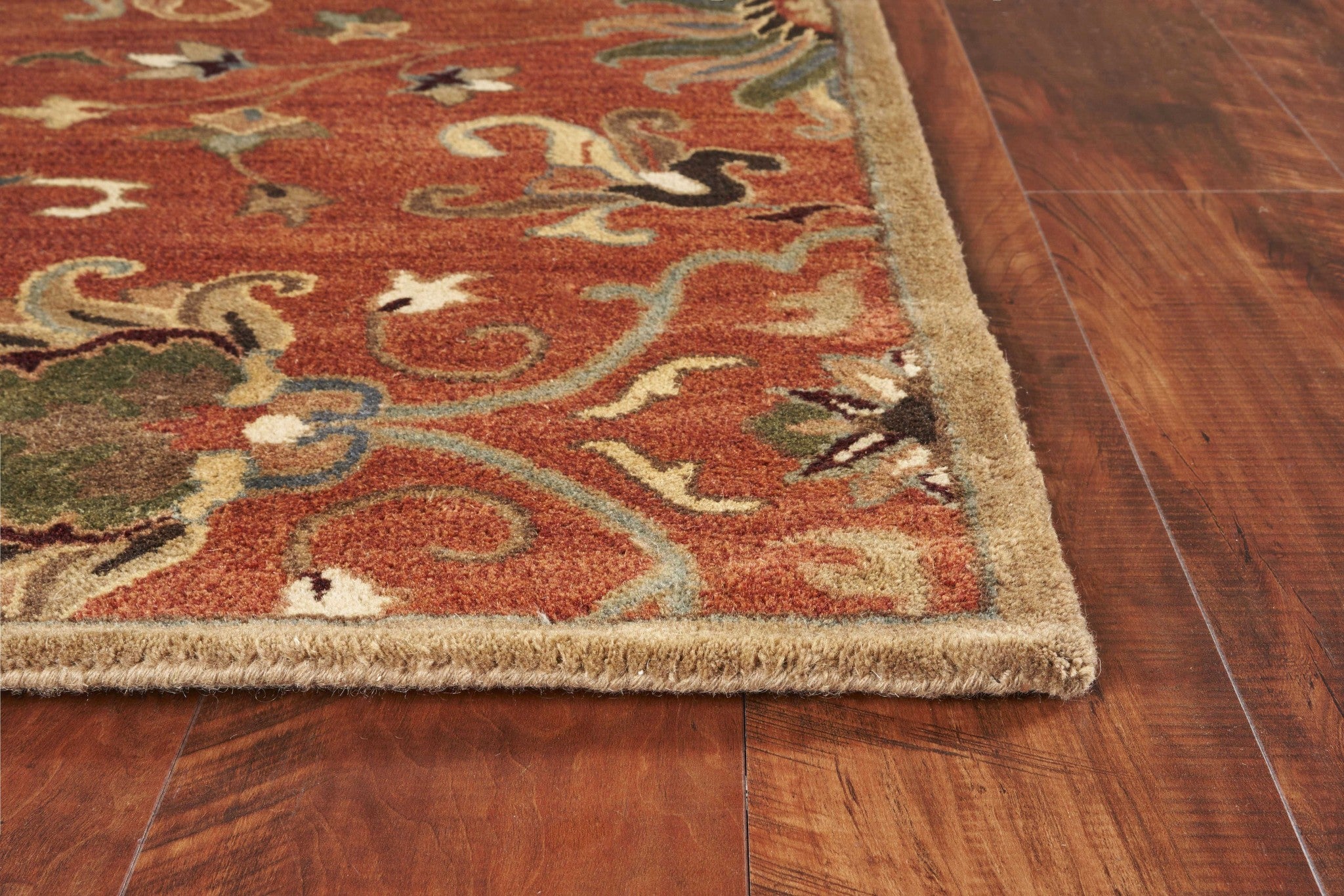 7' Rust Beige And Gray Wool Floral Medallion Hand Tufted Runner Rug-Area Rugs-DECOROLALA