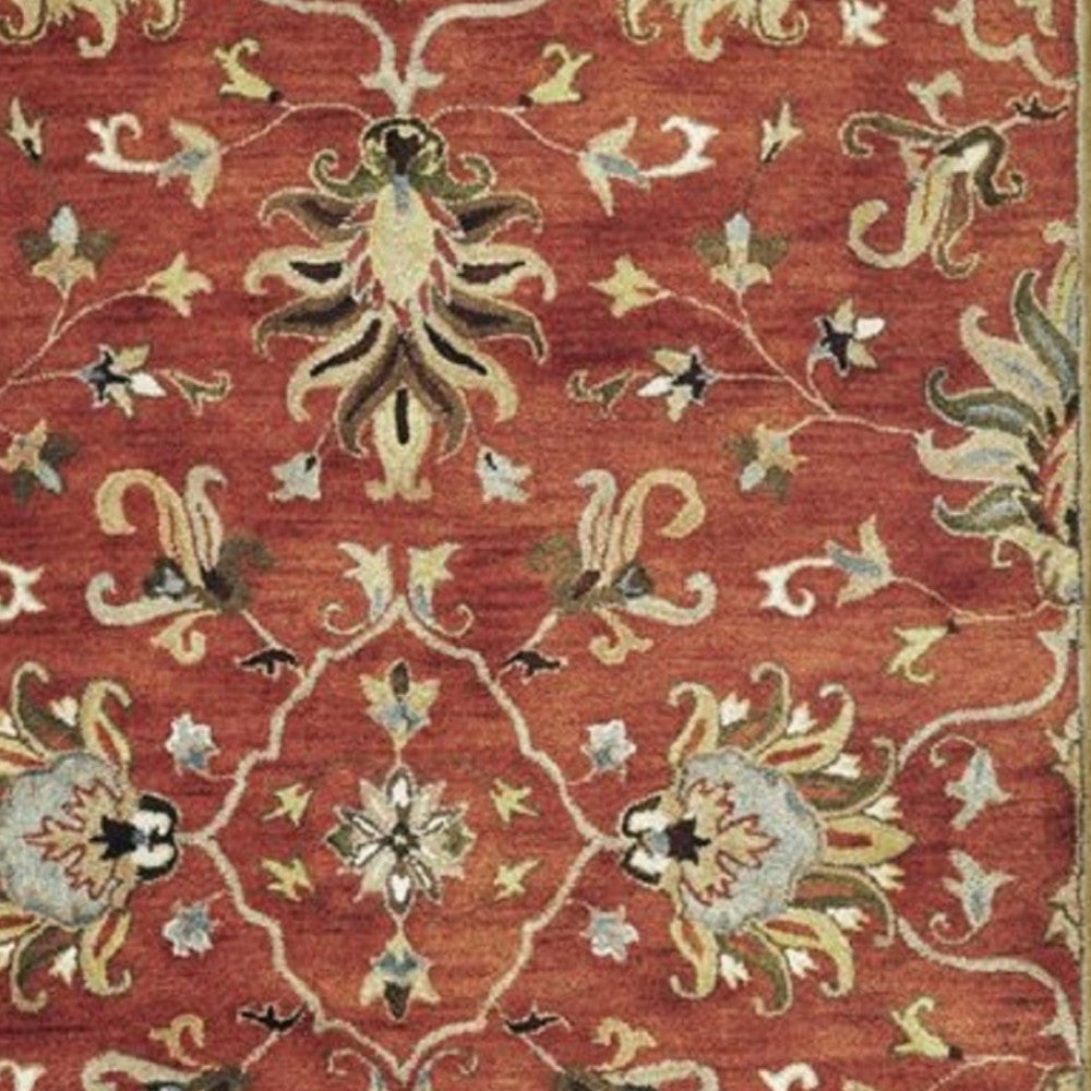 7' Rust Beige And Gray Wool Floral Medallion Hand Tufted Runner Rug-Area Rugs-DECOROLALA