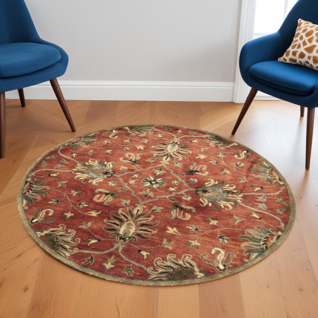 7' Rust Beige And Gray Wool Floral Medallion Hand Tufted Runner Rug-Area Rugs-DECOROLALA