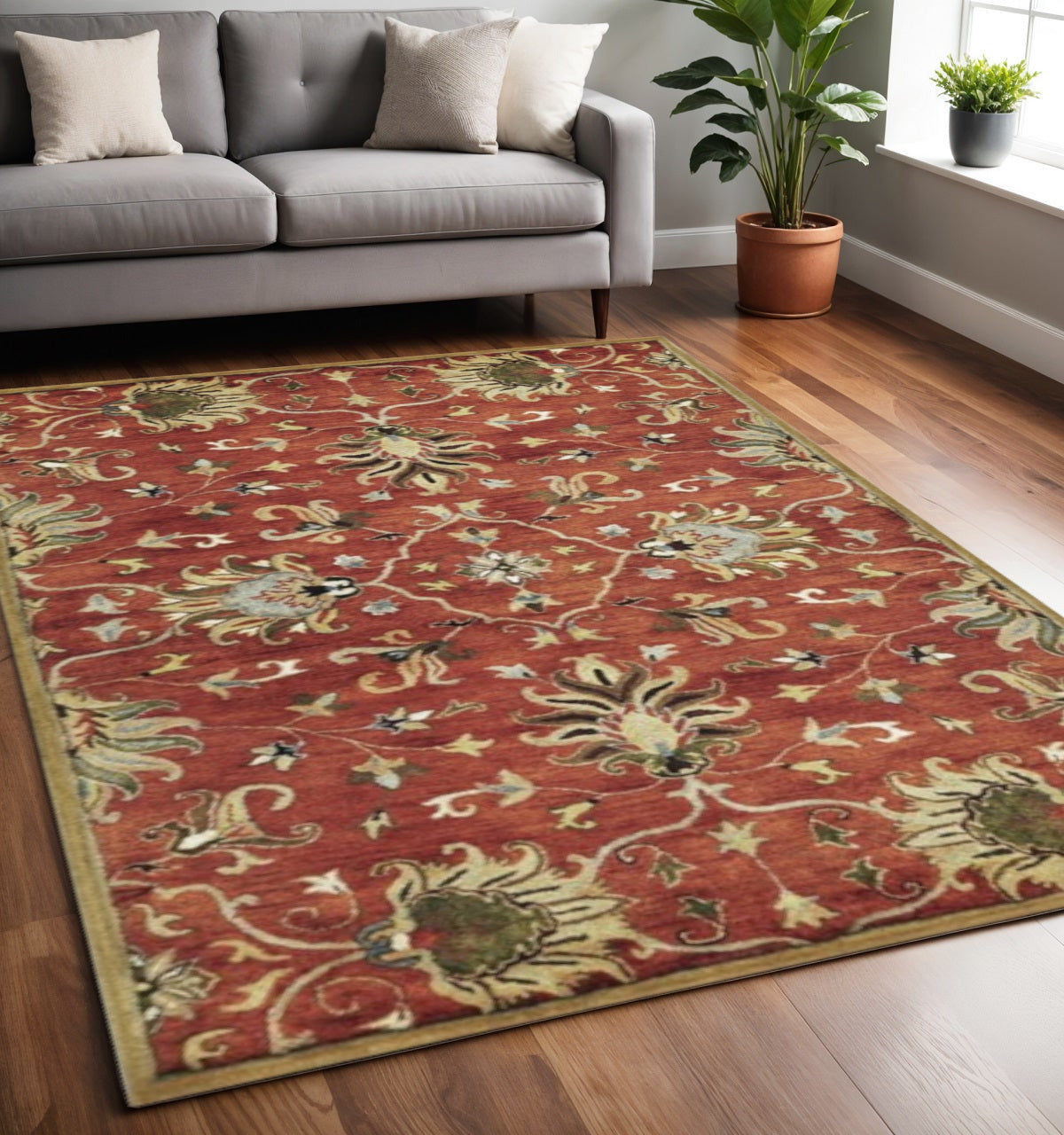 7' Rust Beige And Gray Wool Floral Medallion Hand Tufted Runner Rug-Area Rugs-DECOROLALA
