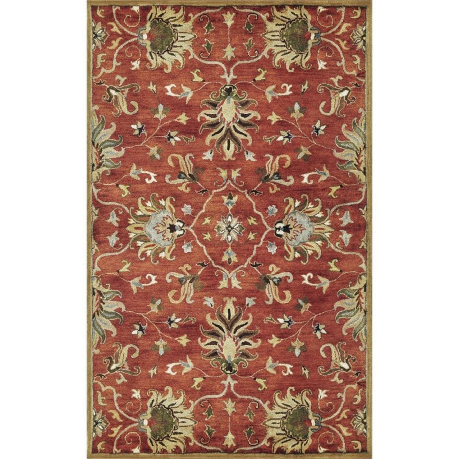 7' Rust Beige And Gray Wool Floral Medallion Hand Tufted Runner Rug-Area Rugs-DECOROLALA