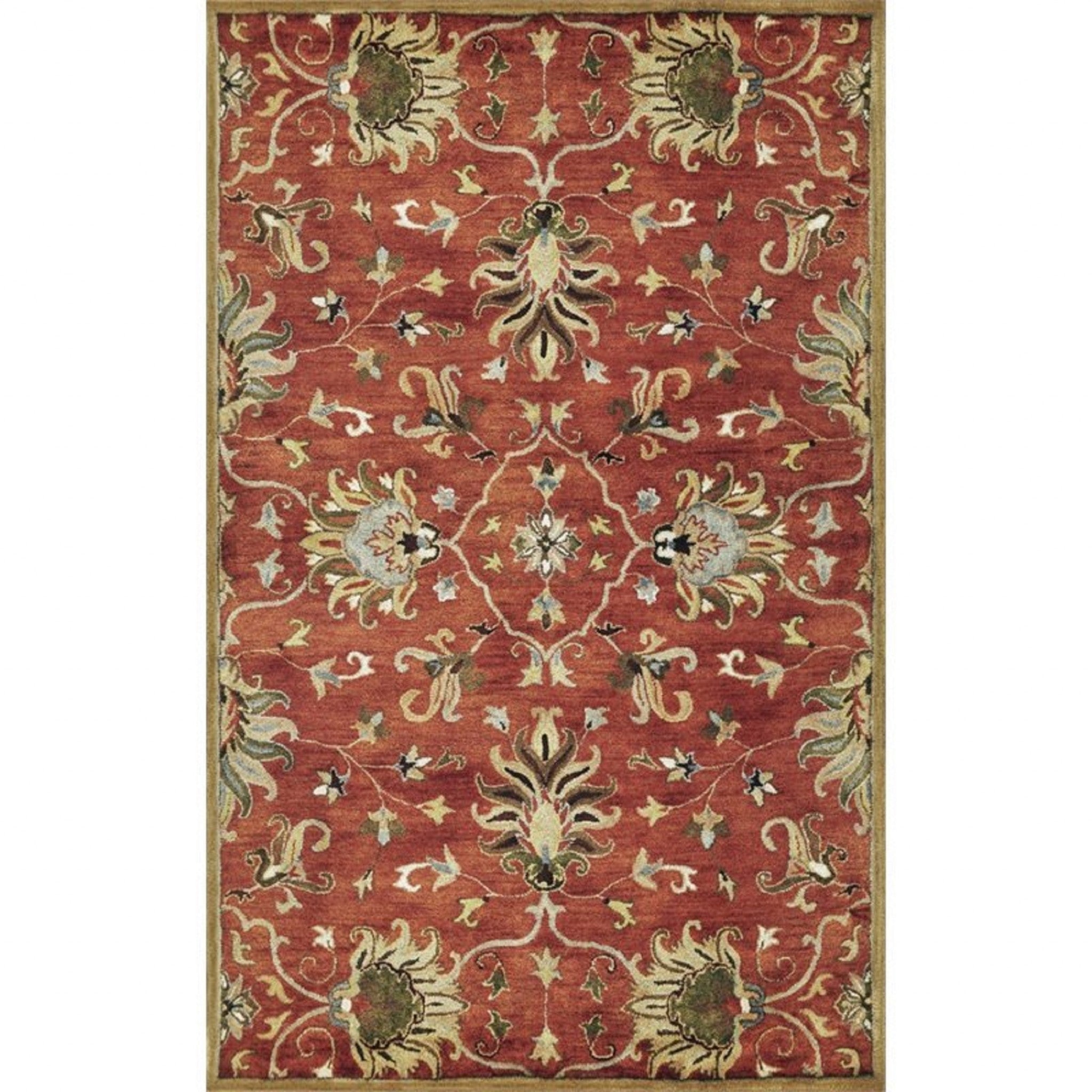 7' Rust Beige And Gray Wool Floral Medallion Hand Tufted Runner Rug-Area Rugs-DECOROLALA