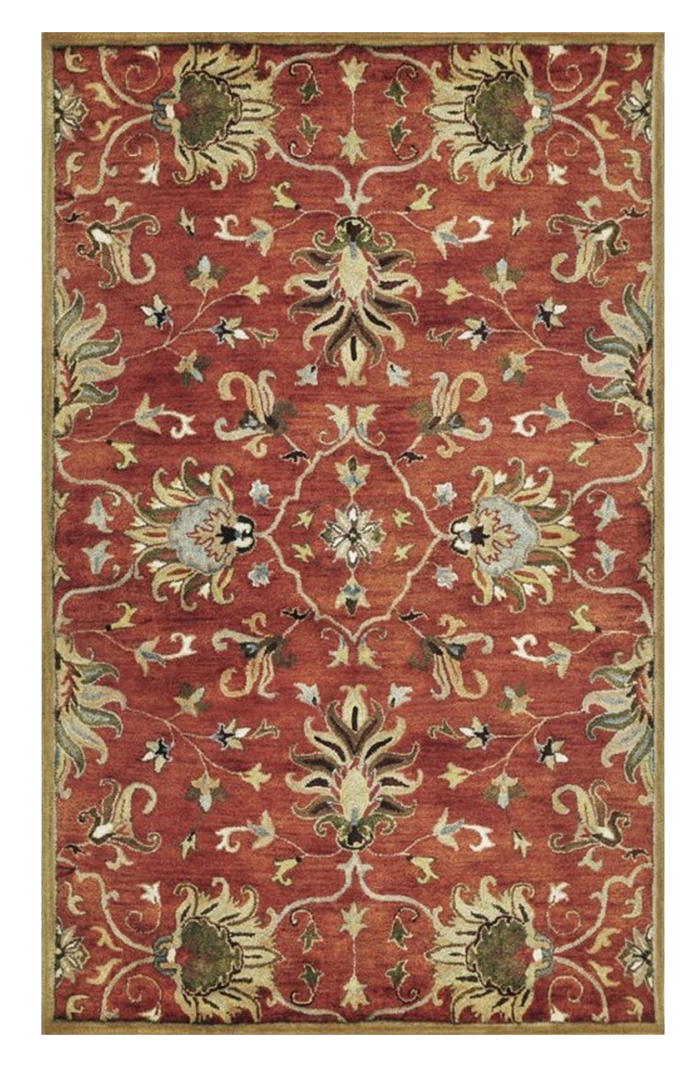 7' Rust Beige And Gray Wool Floral Medallion Hand Tufted Runner Rug-Area Rugs-DECOROLALA