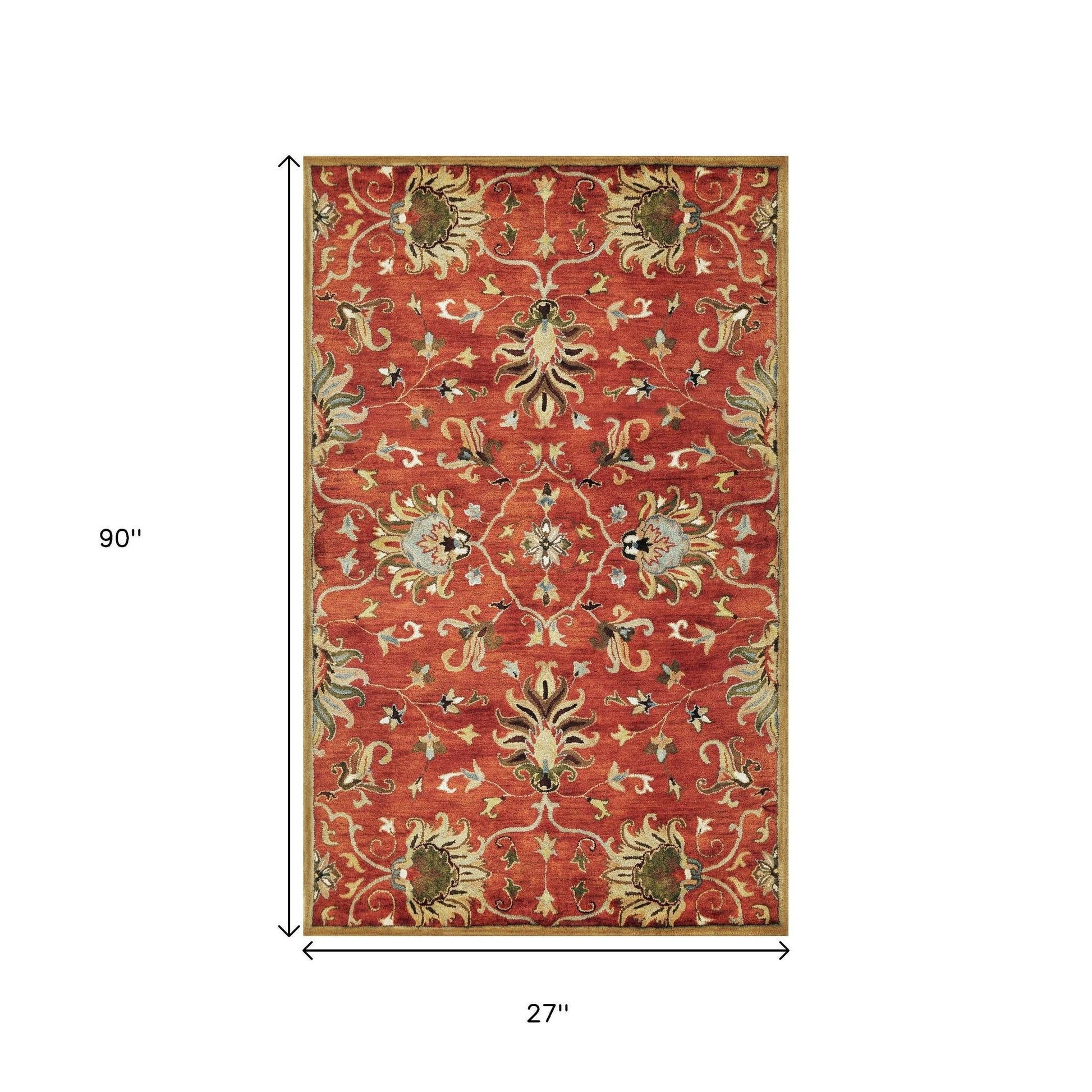 7' Rust Beige And Gray Wool Floral Medallion Hand Tufted Runner Rug-Area Rugs-DECOROLALA