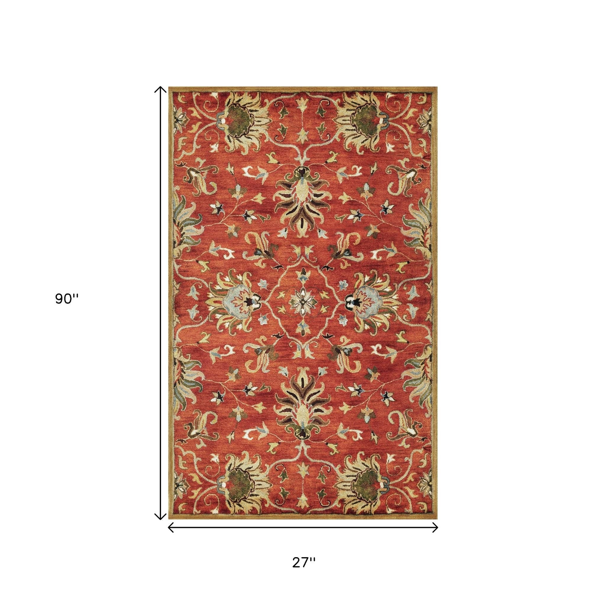 7' Rust Beige And Gray Wool Floral Medallion Hand Tufted Runner Rug-Area Rugs-DECOROLALA