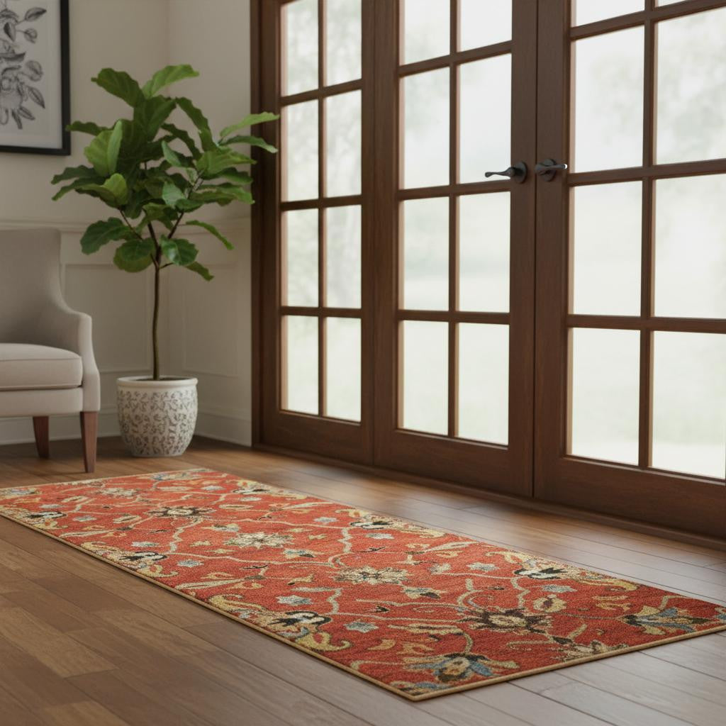 7' Rust Beige And Gray Wool Floral Medallion Hand Tufted Runner Rug-Area Rugs-DECOROLALA