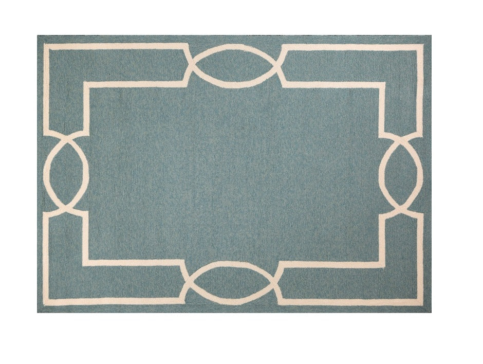 7' Sky Blue And Ivory Round Geometric Handmade Indoor Outdoor Area Rug-Outdoor Rugs-DECOROLALA