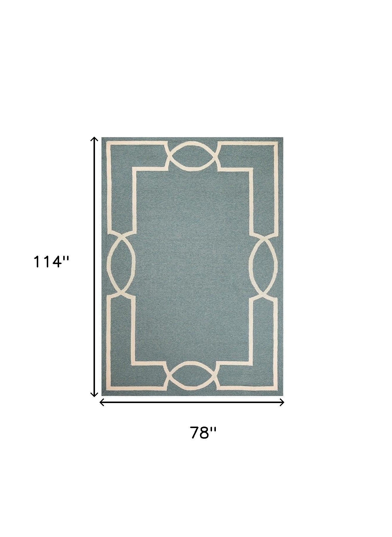 7' Sky Blue And Ivory Round Geometric Handmade Indoor Outdoor Area Rug-Outdoor Rugs-DECOROLALA