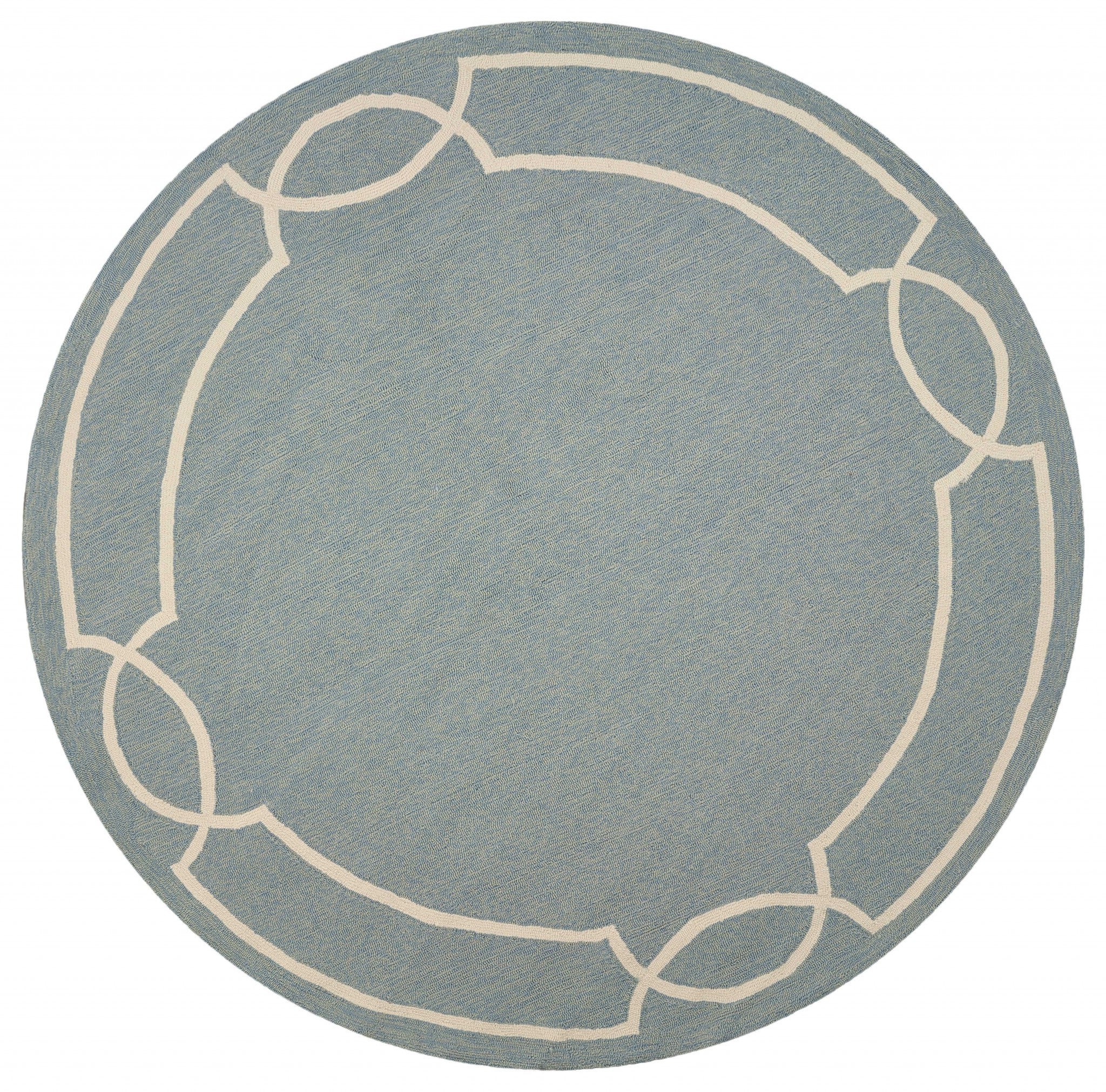 7' Sky Blue And Ivory Round Geometric Handmade Indoor Outdoor Area Rug-Outdoor Rugs-DECOROLALA