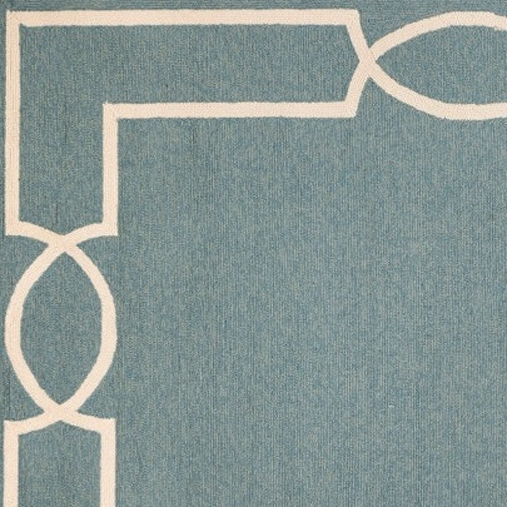 7' Sky Blue And Ivory Round Geometric Handmade Indoor Outdoor Area Rug-Outdoor Rugs-DECOROLALA