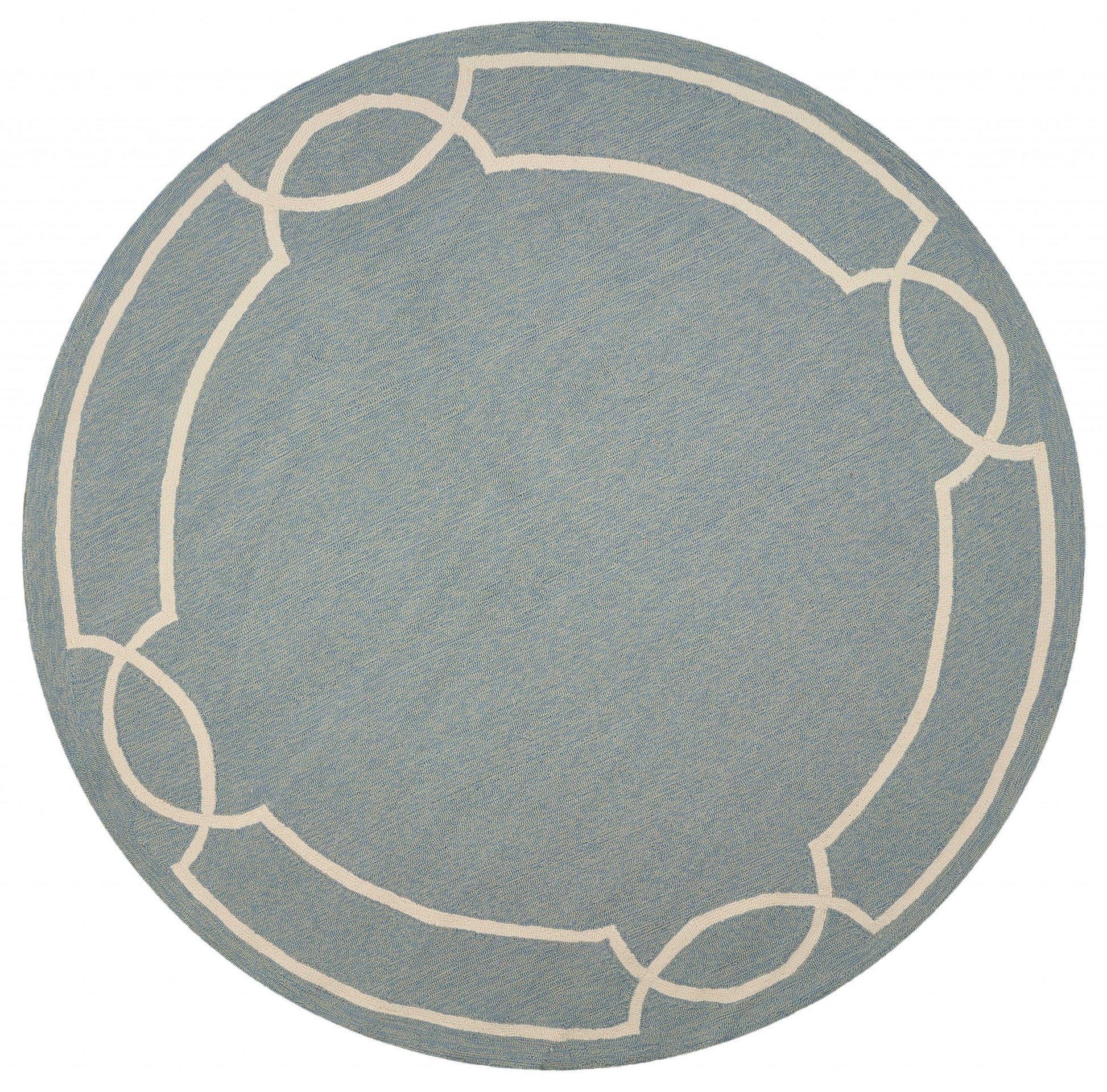 7' Sky Blue And Ivory Round Geometric Handmade Indoor Outdoor Area Rug-Outdoor Rugs-DECOROLALA
