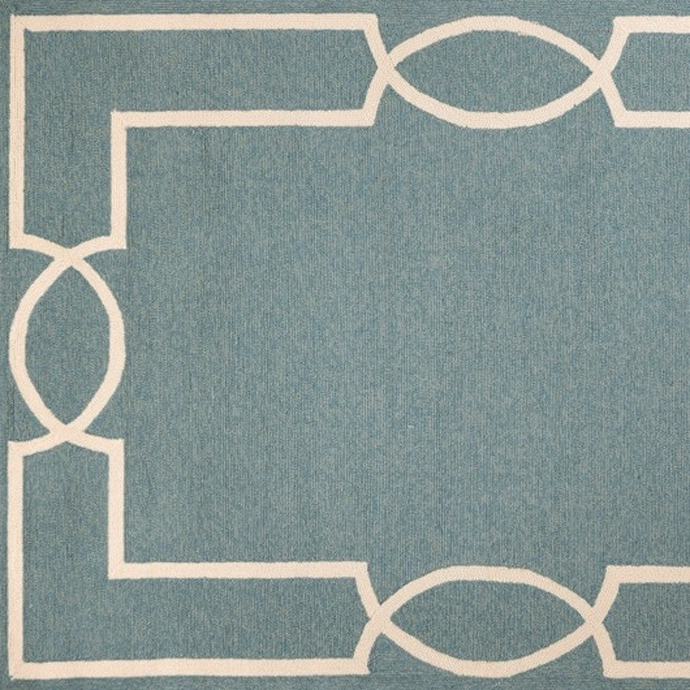 7' Sky Blue And Ivory Round Geometric Handmade Indoor Outdoor Area Rug-Outdoor Rugs-DECOROLALA