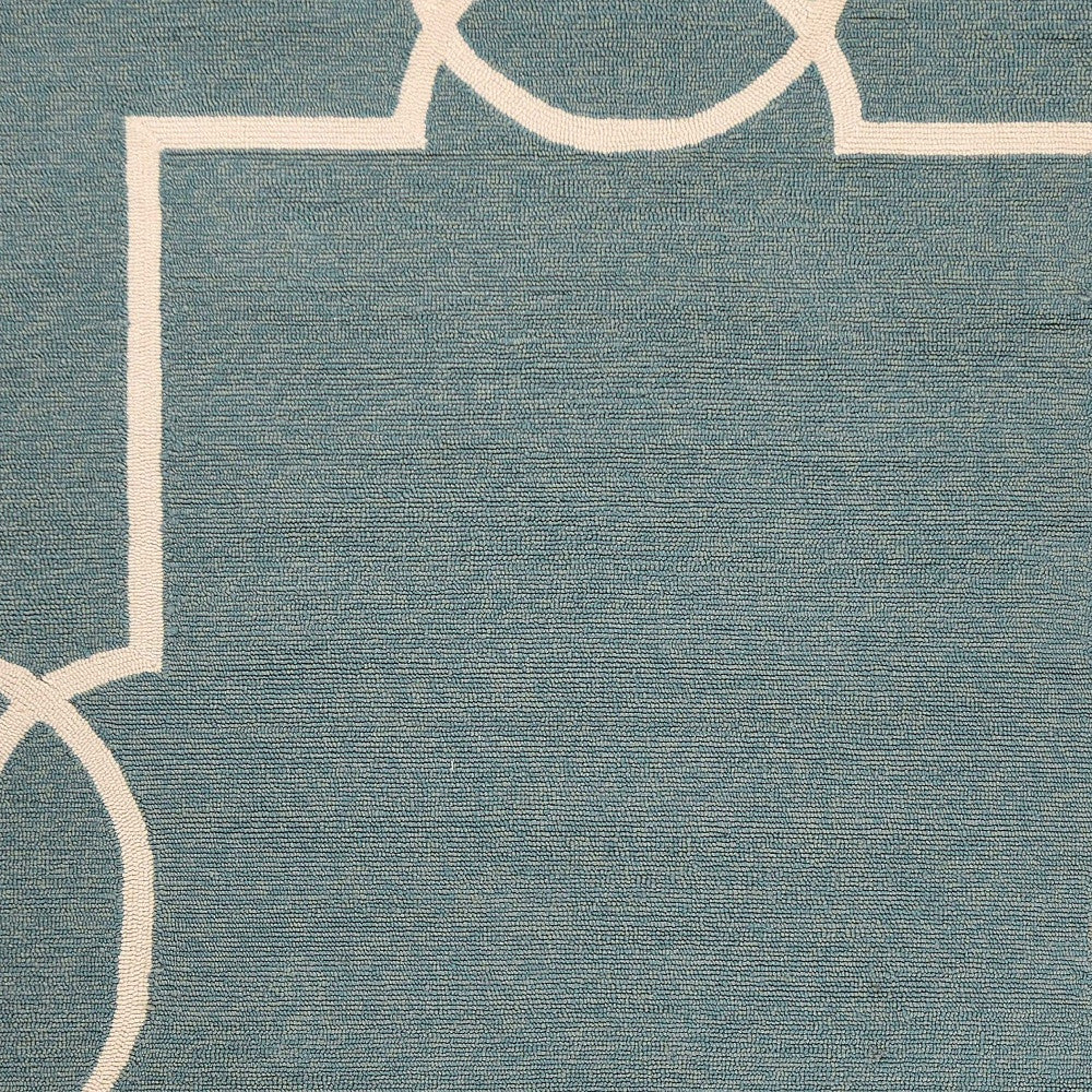 7' Sky Blue And Ivory Round Geometric Handmade Indoor Outdoor Area Rug-Outdoor Rugs-DECOROLALA