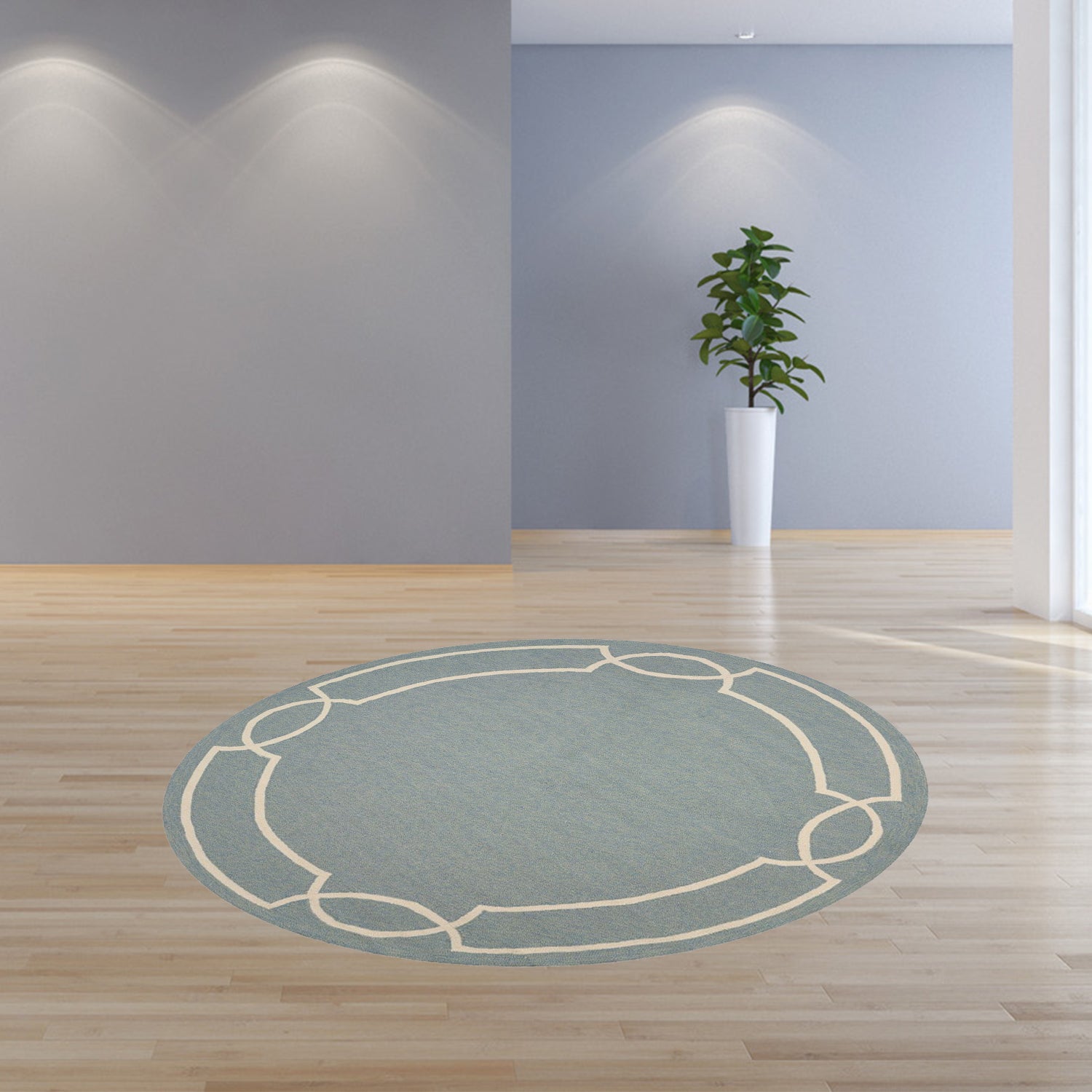 7' Sky Blue And Ivory Round Geometric Handmade Indoor Outdoor Area Rug-Outdoor Rugs-DECOROLALA