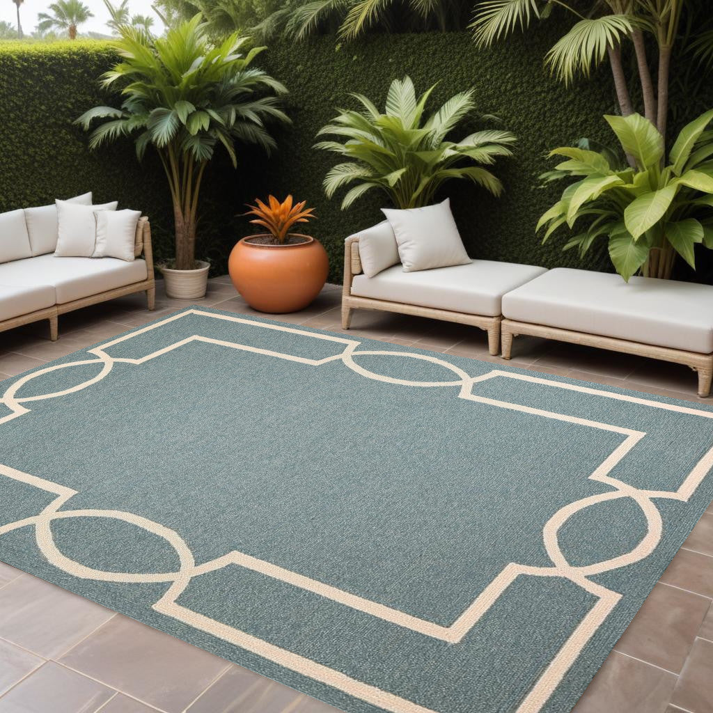 7' Sky Blue And Ivory Round Geometric Handmade Indoor Outdoor Area Rug-Outdoor Rugs-DECOROLALA