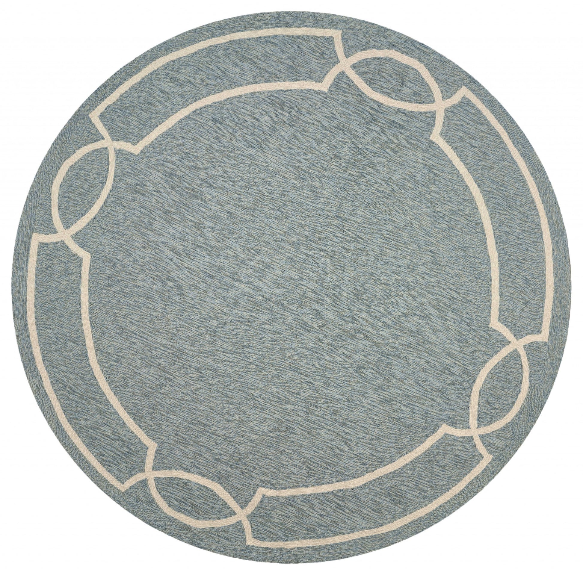 7' Sky Blue And Ivory Round Geometric Handmade Indoor Outdoor Area Rug-Outdoor Rugs-DECOROLALA