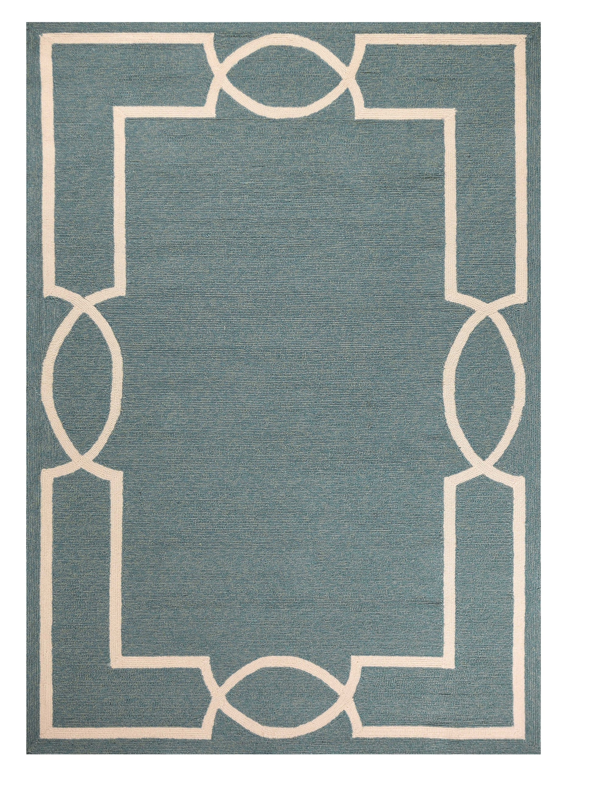 7' Sky Blue And Ivory Round Geometric Handmade Indoor Outdoor Area Rug-Outdoor Rugs-DECOROLALA