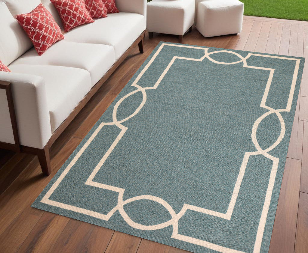 7' Sky Blue And Ivory Round Geometric Handmade Indoor Outdoor Area Rug-Outdoor Rugs-DECOROLALA