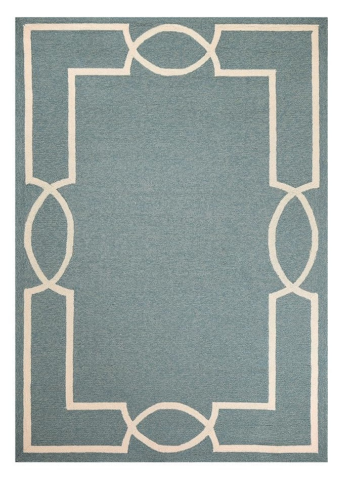 7' Sky Blue And Ivory Round Geometric Handmade Indoor Outdoor Area Rug-Outdoor Rugs-DECOROLALA