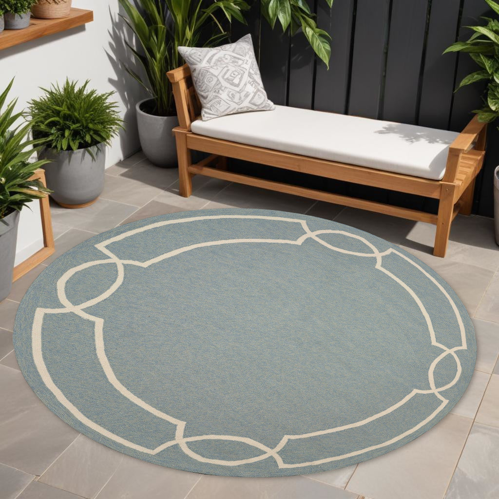 7' Sky Blue And Ivory Round Geometric Handmade Indoor Outdoor Area Rug-Outdoor Rugs-DECOROLALA