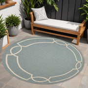 7' Sky Blue And Ivory Round Geometric Handmade Indoor Outdoor Area Rug-Outdoor Rugs-DECOROLALA