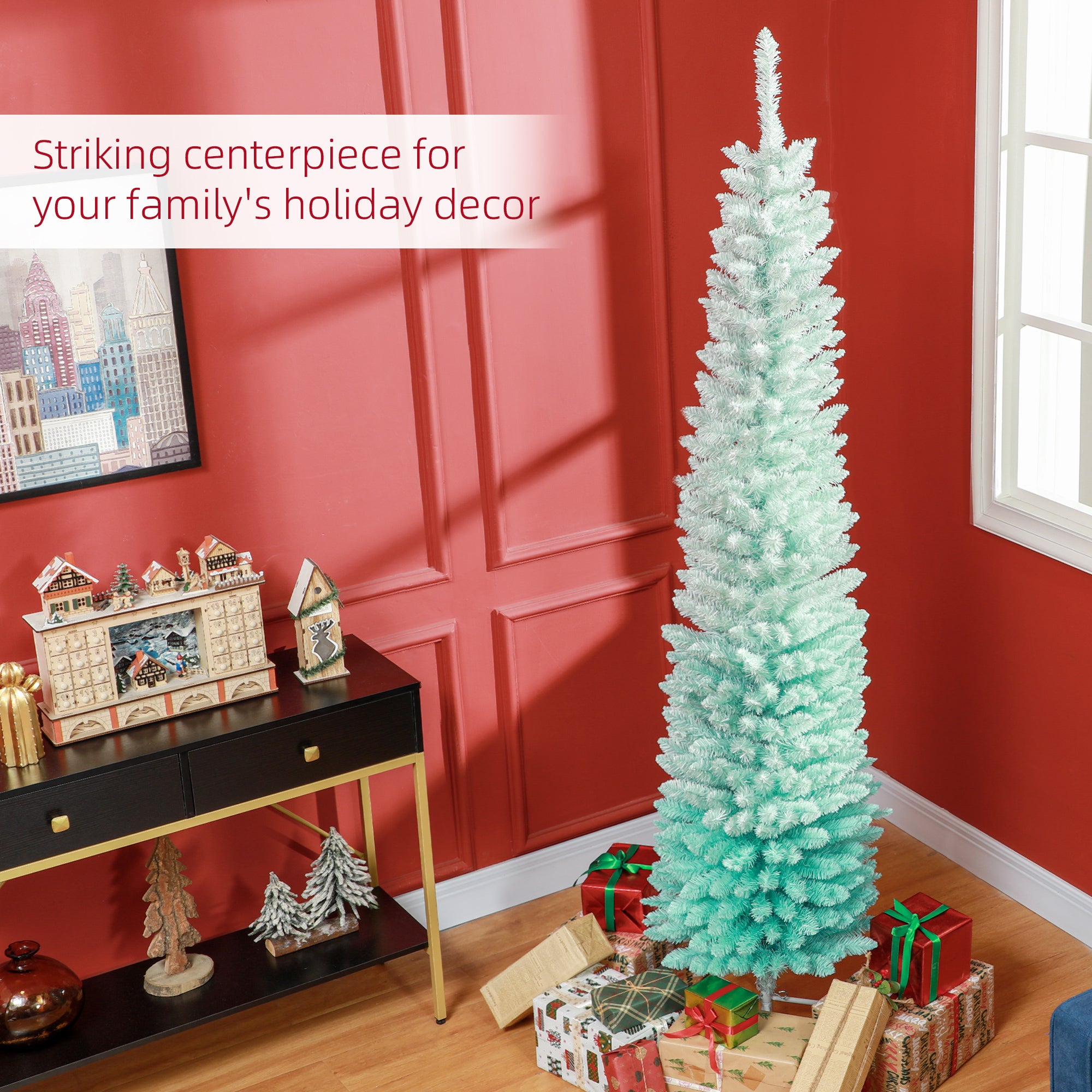 7' Slim Pencil Artificial Christmas Tree - Gradient Blue-Home Furnishings > Holiday & Seasonal > Christmas Trees > Pencil Christmas Trees-DECOROLALA