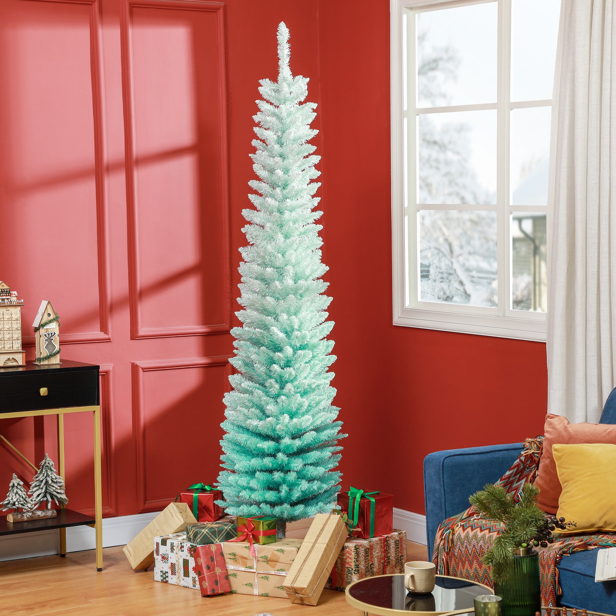 7' Slim Pencil Artificial Christmas Tree - Gradient Blue-Home Furnishings > Holiday & Seasonal > Christmas Trees > Pencil Christmas Trees-DECOROLALA