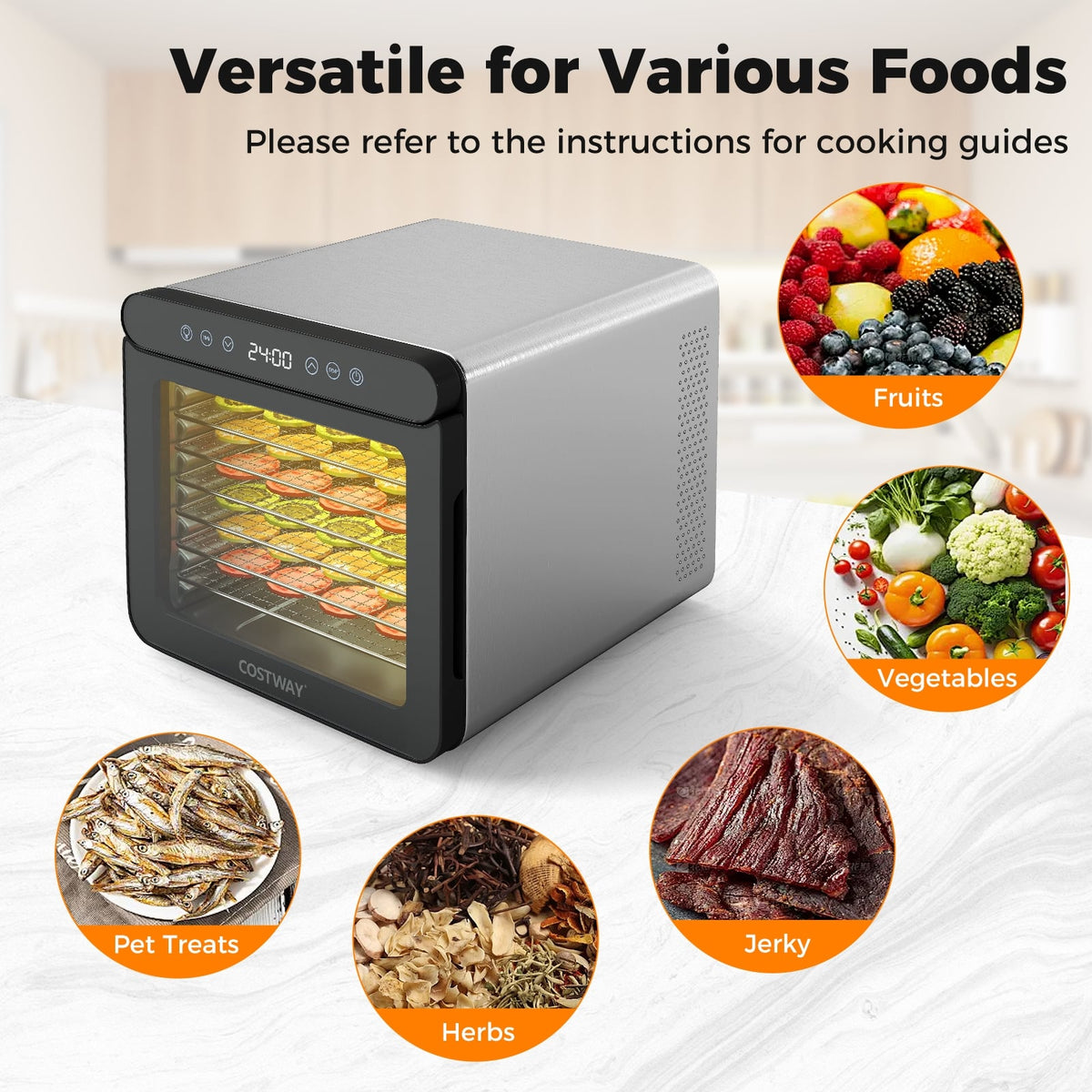 7 Stainless Steel Trays Dryer with 1-24H Timer and 30-75℃ Temperature-Silver-Toaster Ovens-DECOROLALA