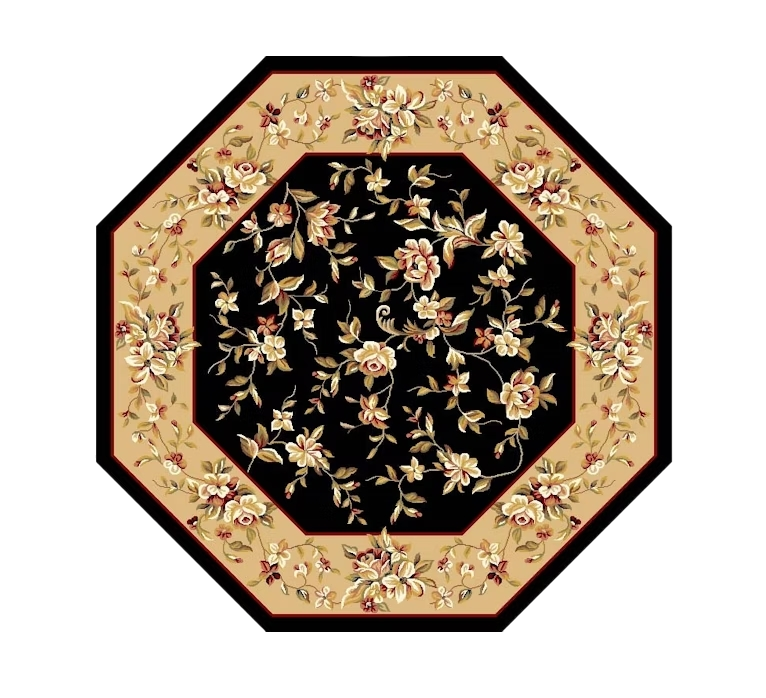 7' Tan Black And Beige Floral Vines Octagon Rug-Area Rugs-DECOROLALA
