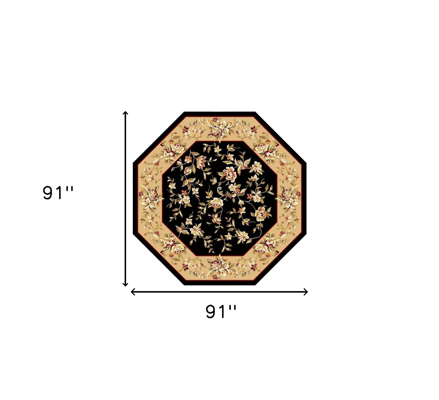 7' Tan Black And Beige Floral Vines Octagon Rug-Area Rugs-DECOROLALA