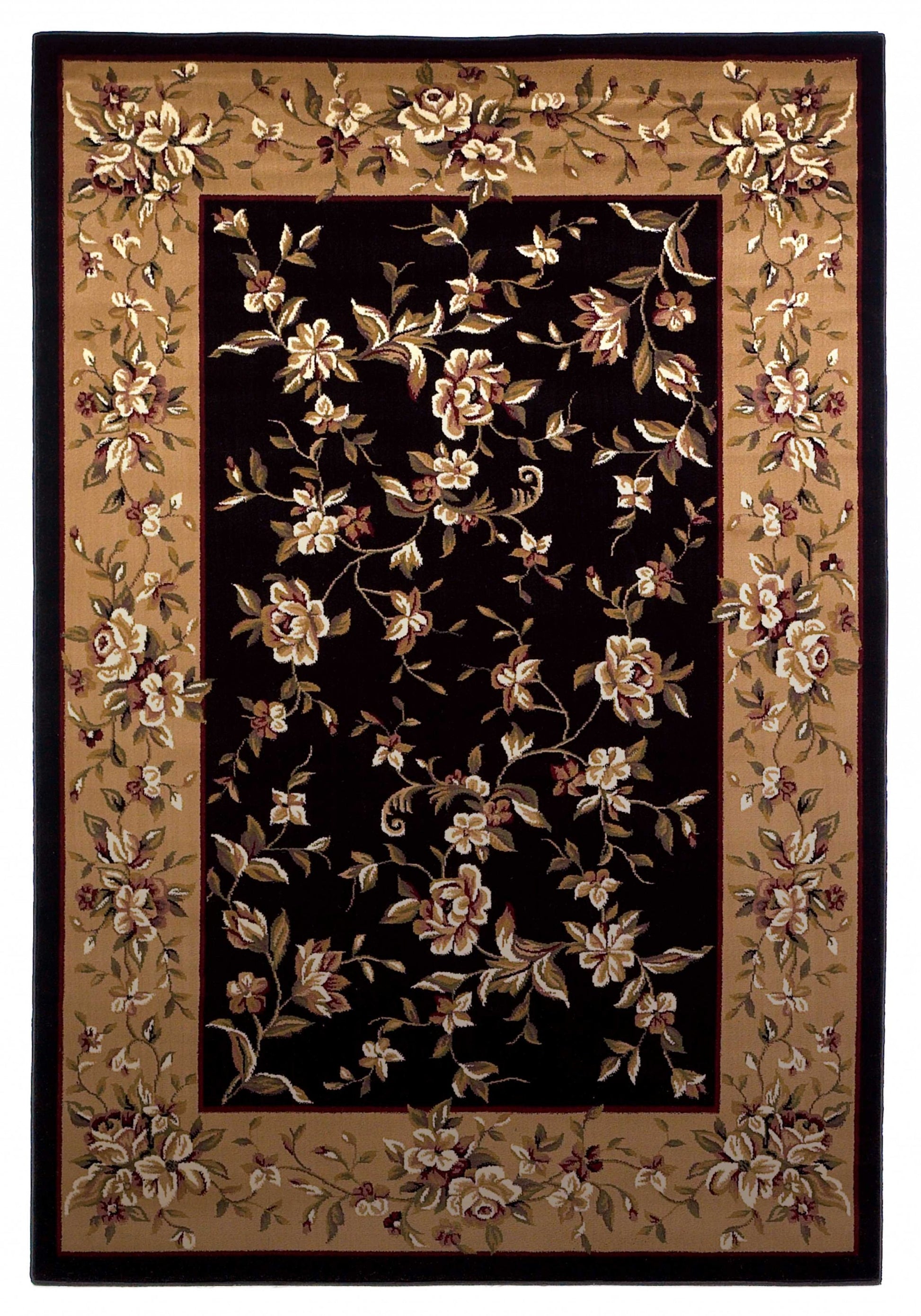 7' Tan Black And Beige Floral Vines Octagon Rug-Area Rugs-DECOROLALA
