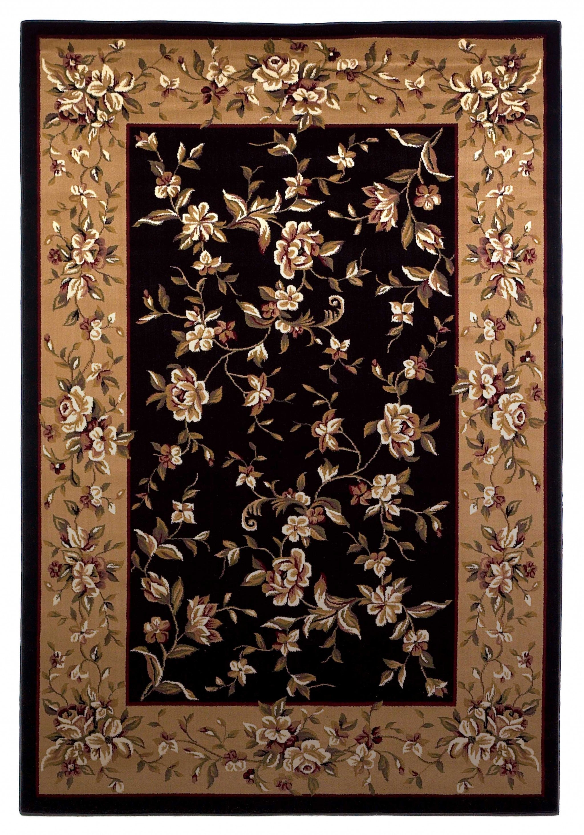 7' Tan Black And Beige Floral Vines Octagon Rug-Area Rugs-DECOROLALA