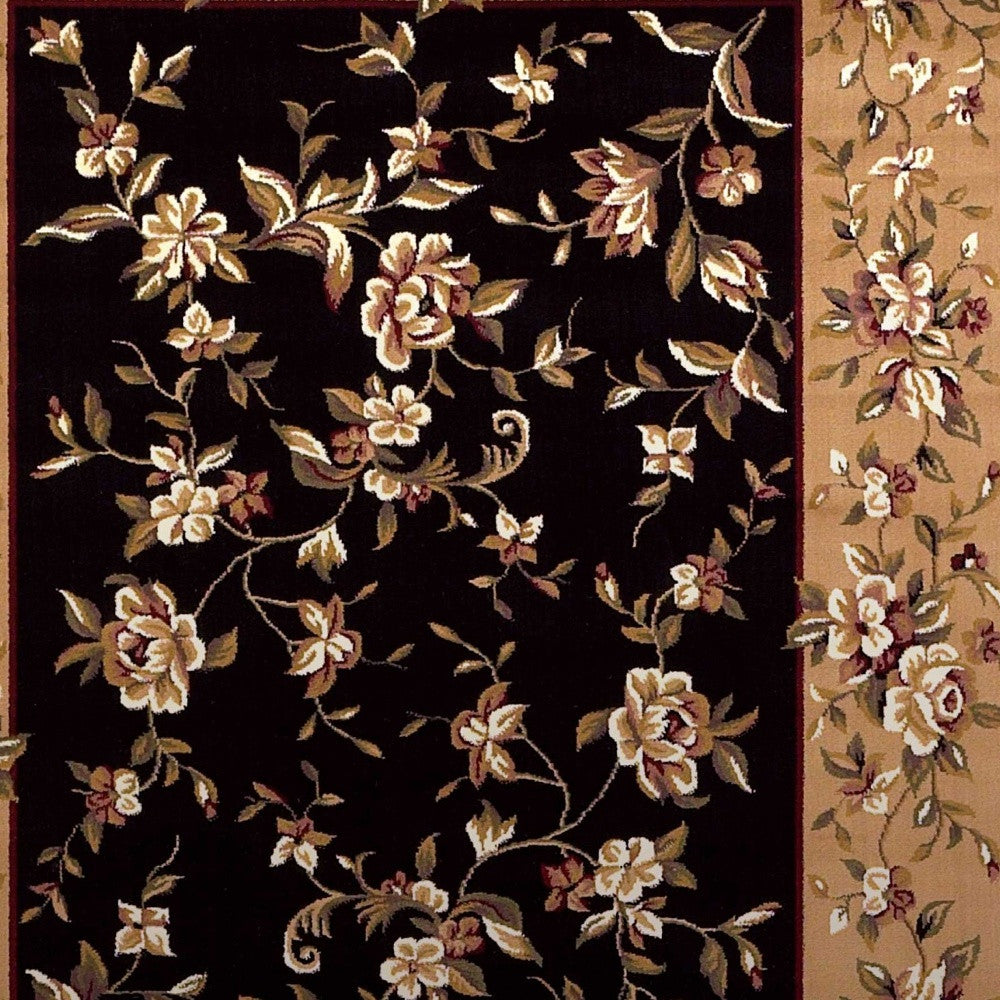 7' Tan Black And Beige Floral Vines Octagon Rug-Area Rugs-DECOROLALA