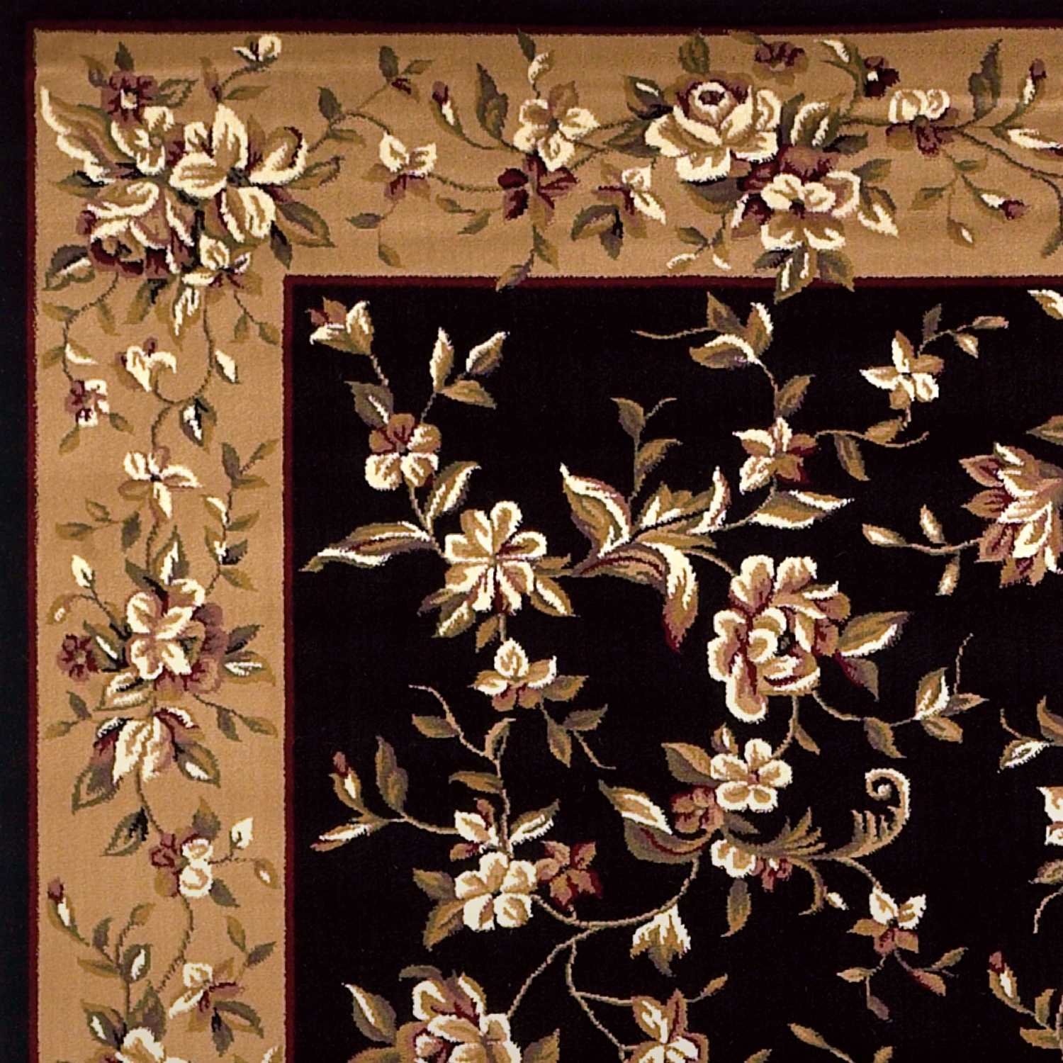 7' Tan Black And Beige Floral Vines Octagon Rug-Area Rugs-DECOROLALA