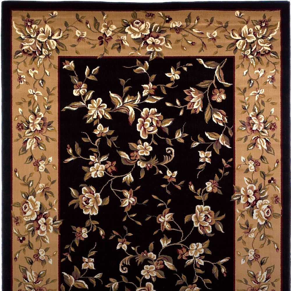 7' Tan Black And Beige Floral Vines Octagon Rug-Area Rugs-DECOROLALA